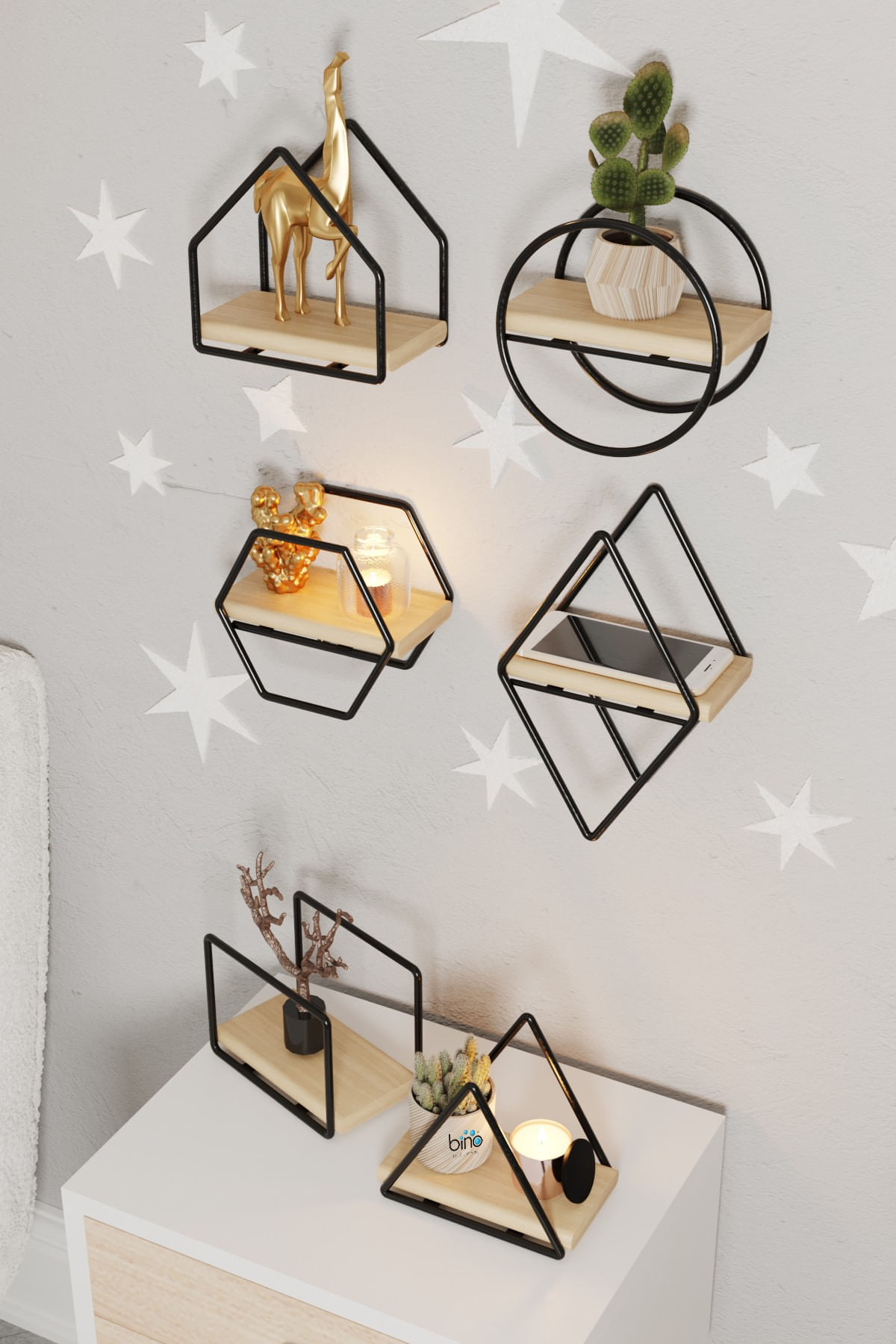 Raft de perete, Hanah Home, lemn masiv, auriu si negru, 15x10x17 cm, set 6 piese — imaginea 9