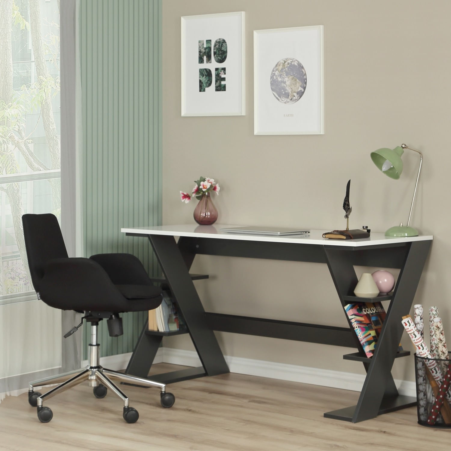 Birou de studiu, Hanah Home, pal, antracit si alb, 140x73x60 cm — imaginea 11