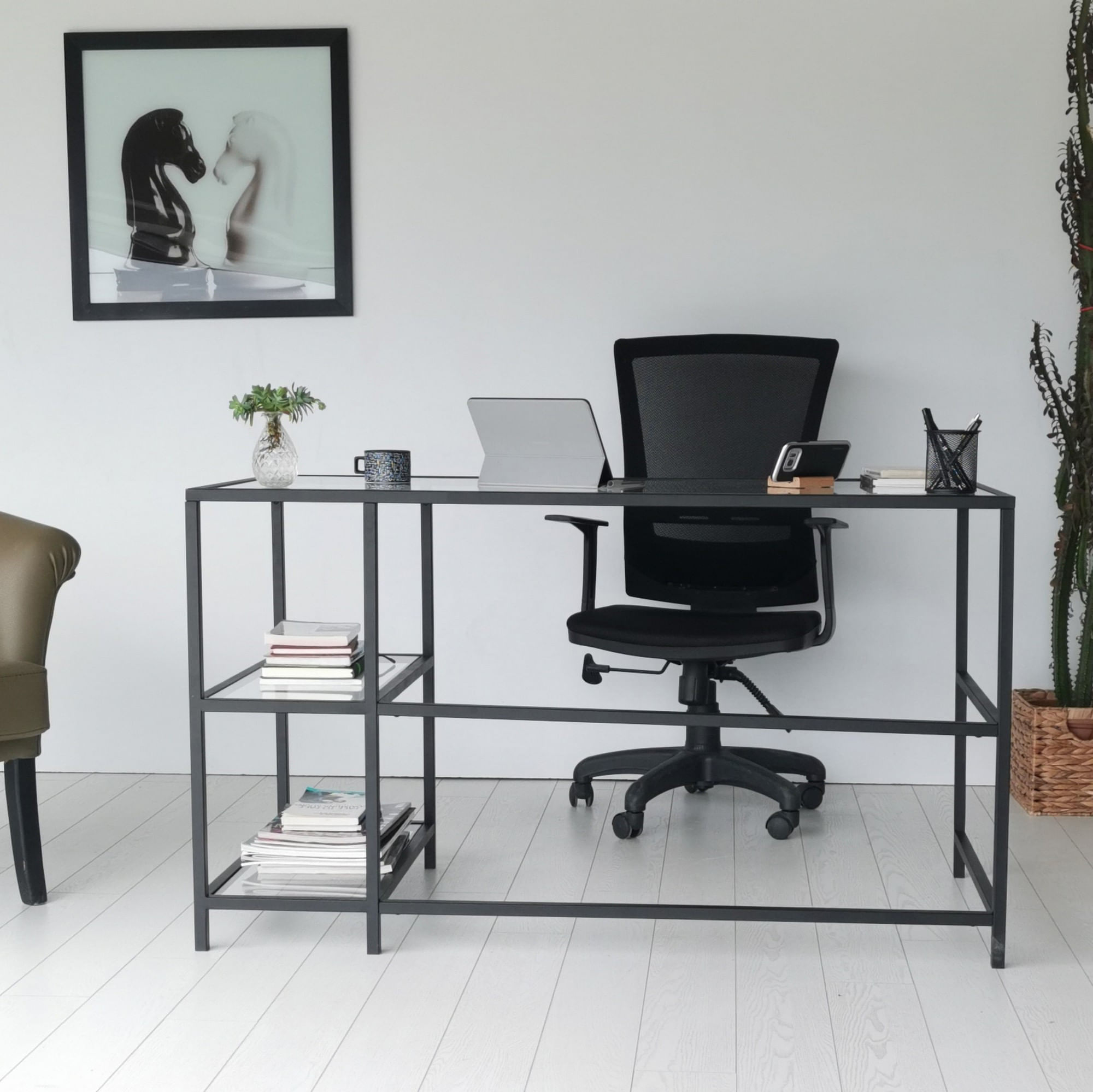 Birou, Hanah Home, sticla calita, negru, 130x60x75 cm — imaginea 9