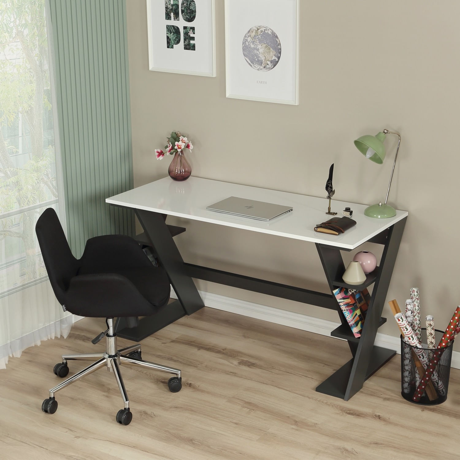 Birou de studiu, Hanah Home, pal, antracit si alb, 140x73x60 cm — imaginea 12
