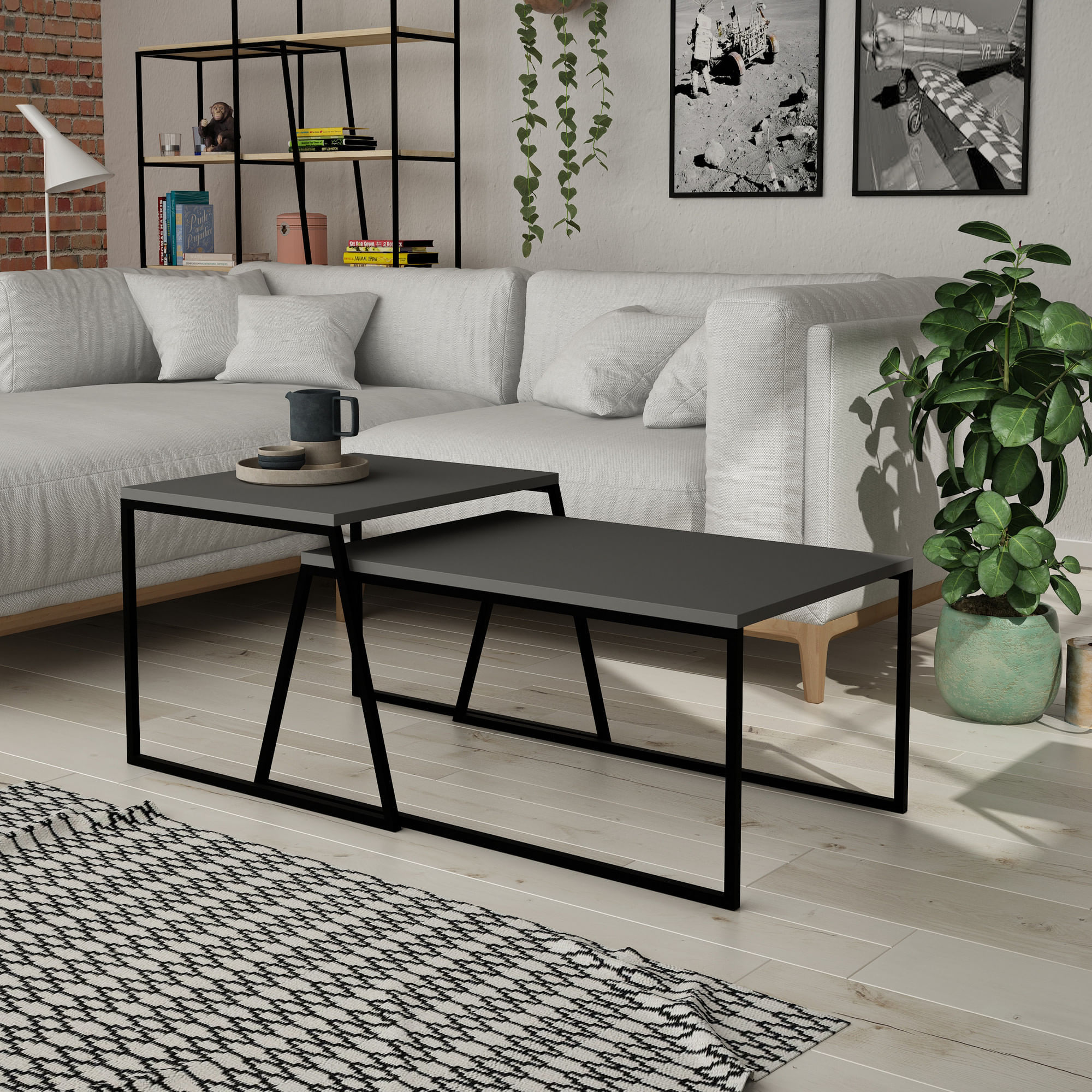 Set masute de cafea, Hanah Home, pal melaminat, antracit si negru, 88x50x38 cm si 57x55x45 cm — imaginea 2