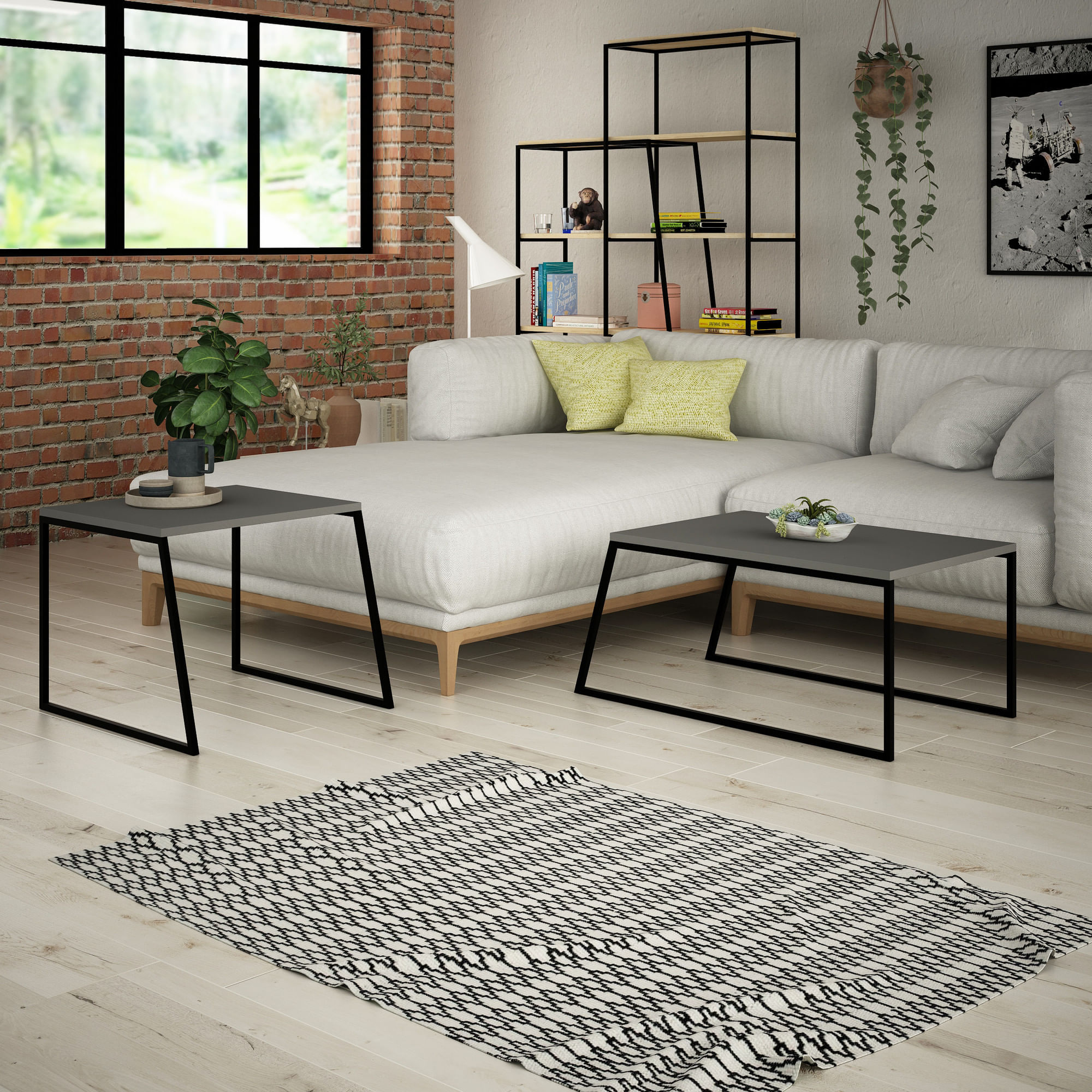 Set masute de cafea, Hanah Home, pal melaminat, antracit si negru, 88x50x38 cm si 57x55x45 cm — imaginea 3