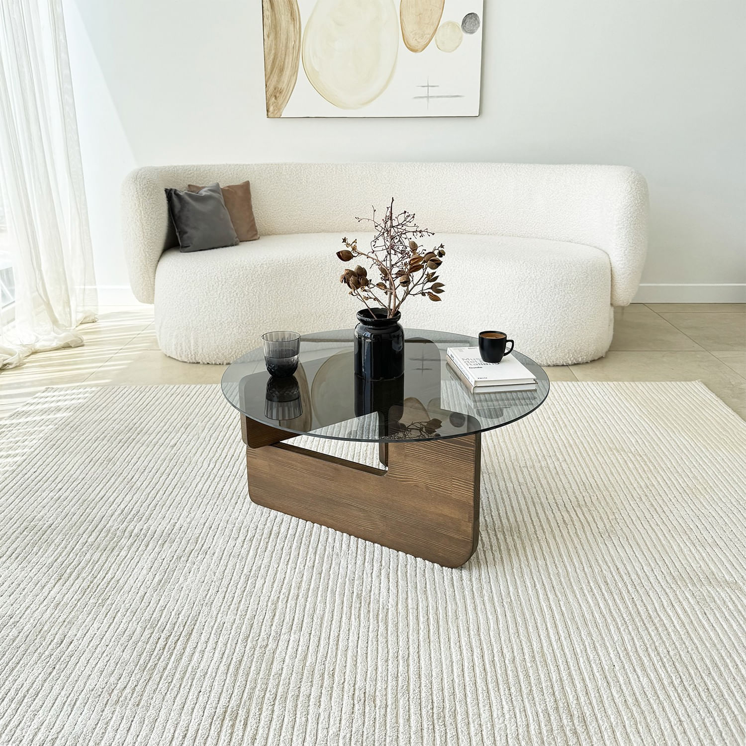 Masuta de cafea, Hanah Home, sticla securizata si lemn masiv, nuc si fum, 75x35x75 cm — imaginea 2