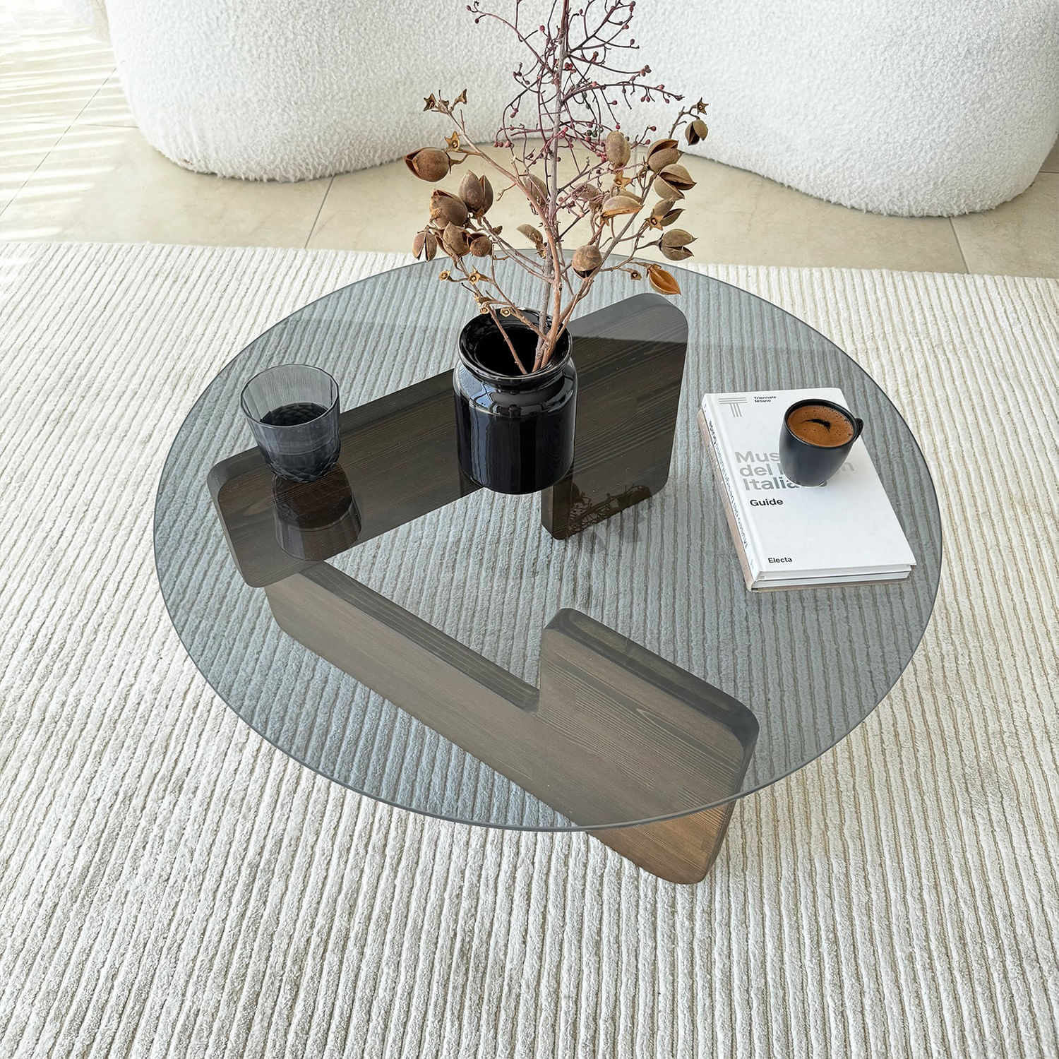 Masuta de cafea, Hanah Home, sticla securizata si lemn masiv, nuc si fum, 75x35x75 cm — imaginea 4