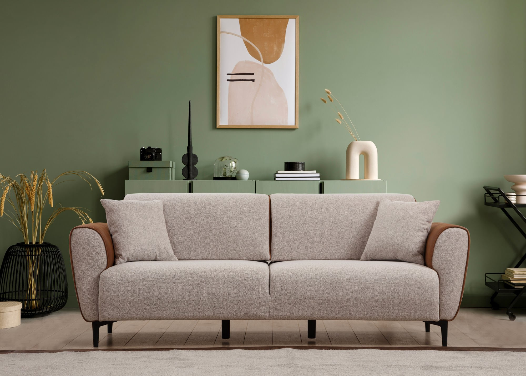 Canapea extensibila 3 locuri, Hanah Home, lemn fag, bej scortisoara, 215x85x85 cm — imaginea 10