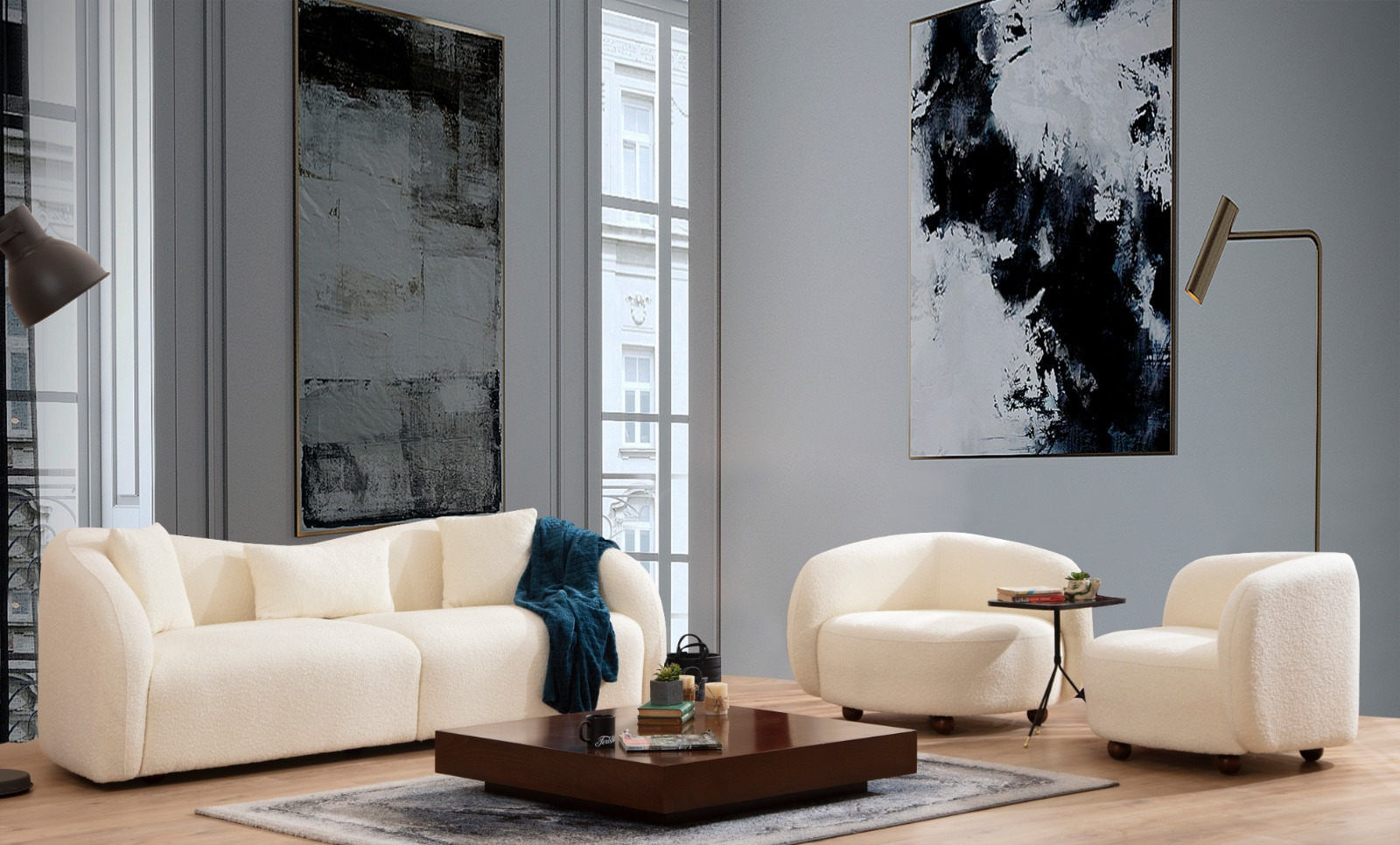 Canapea 3 locuri, Hanah Home, lemn fag si pal, crem, 236x91x76 cm — imaginea 5