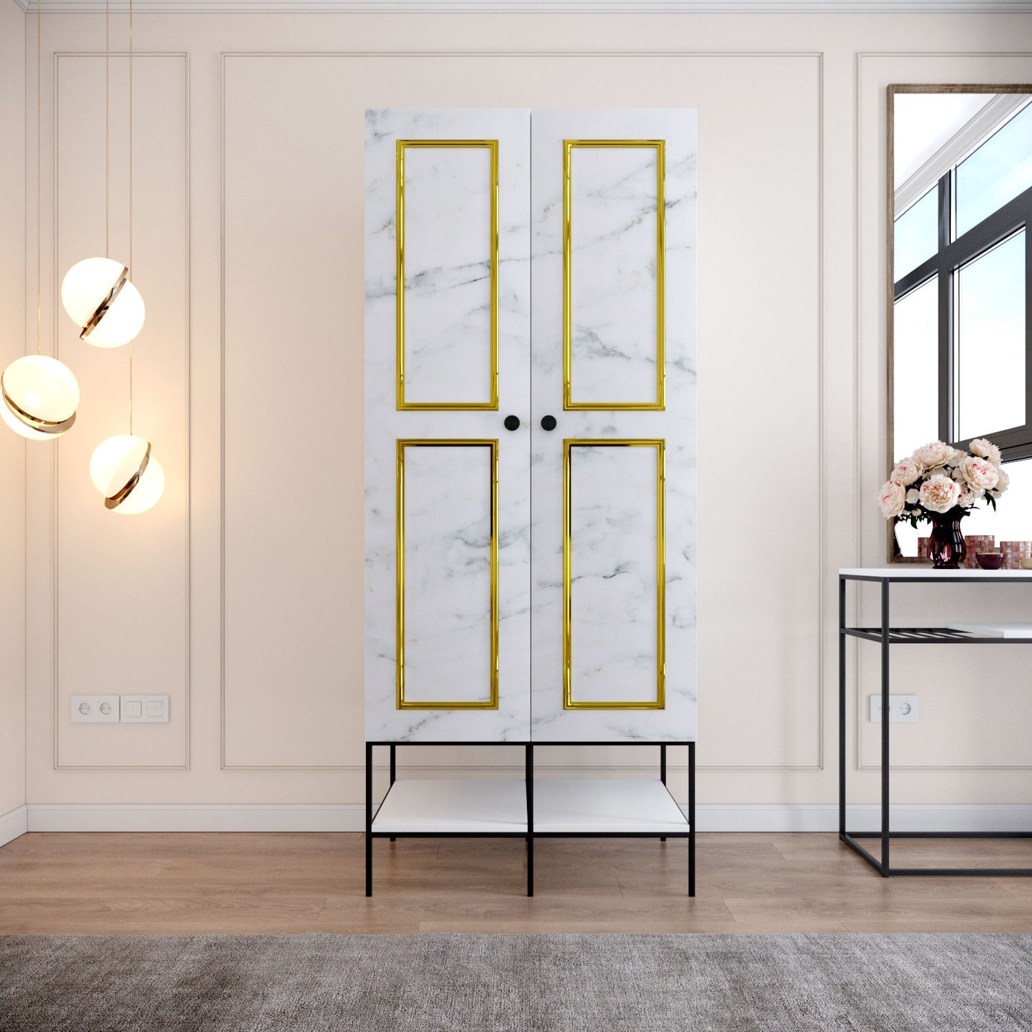 Sifonier, Hanah Home, pal melaminat, alb negru auriu, 84x50x200 cm — imaginea 9