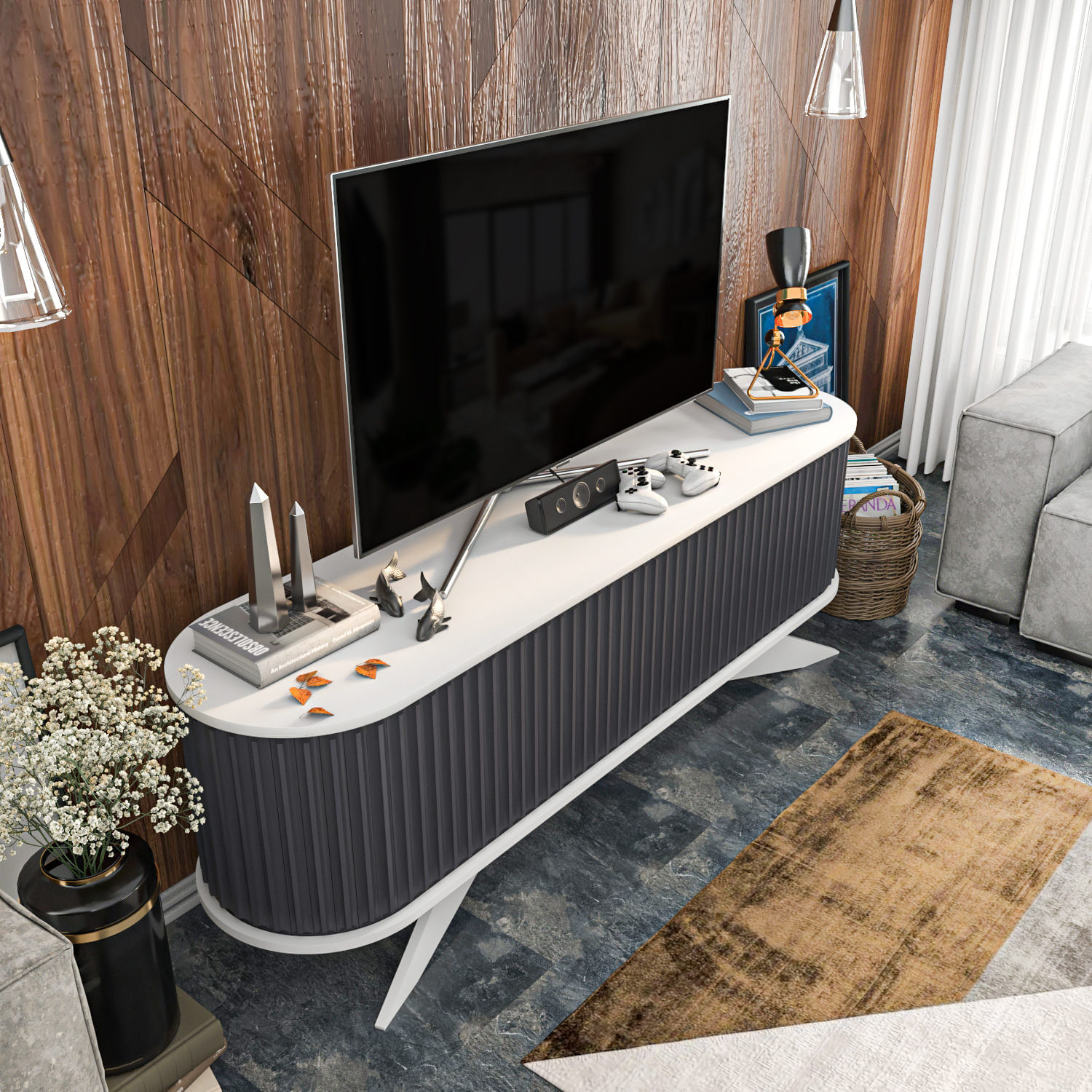 Comoda tv, Hanah Home, pal melaminat, antracit si alb, 180x43x60 cm — imaginea 5