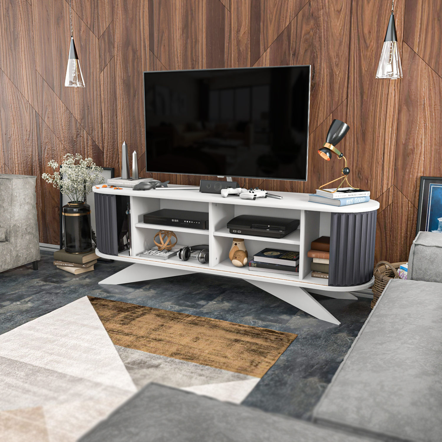 Comoda tv, Hanah Home, pal melaminat, antracit si alb, 180x43x60 cm — imaginea 7