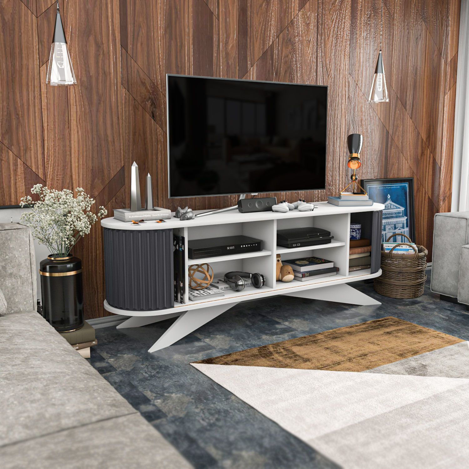 Comoda tv, Hanah Home, pal melaminat, antracit si alb, 180x43x60 cm — imaginea 8