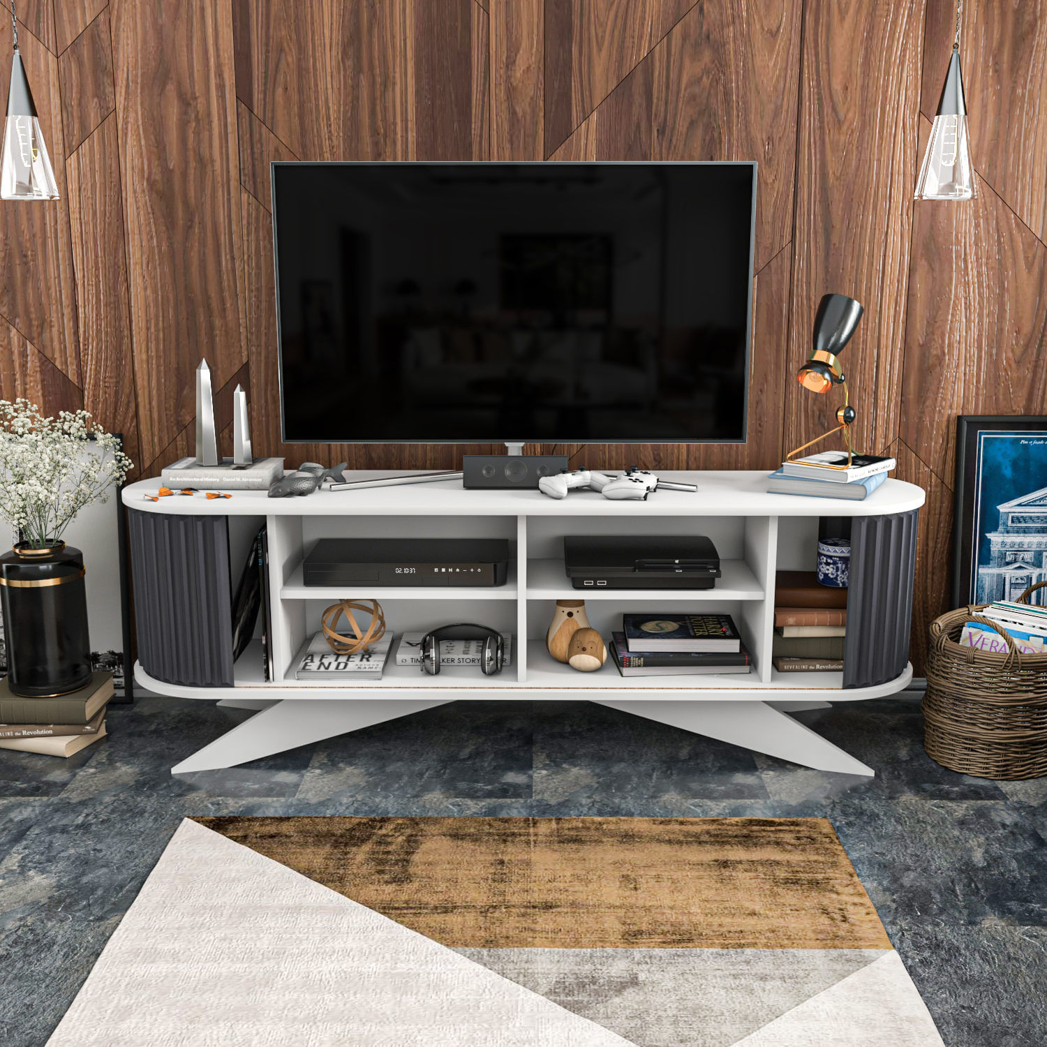 Comoda tv, Hanah Home, pal melaminat, antracit si alb, 180x43x60 cm — imaginea 9