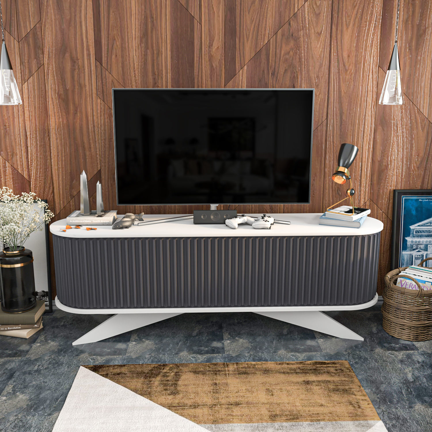 Comoda tv, Hanah Home, pal melaminat, antracit si alb, 180x43x60 cm — imaginea 10