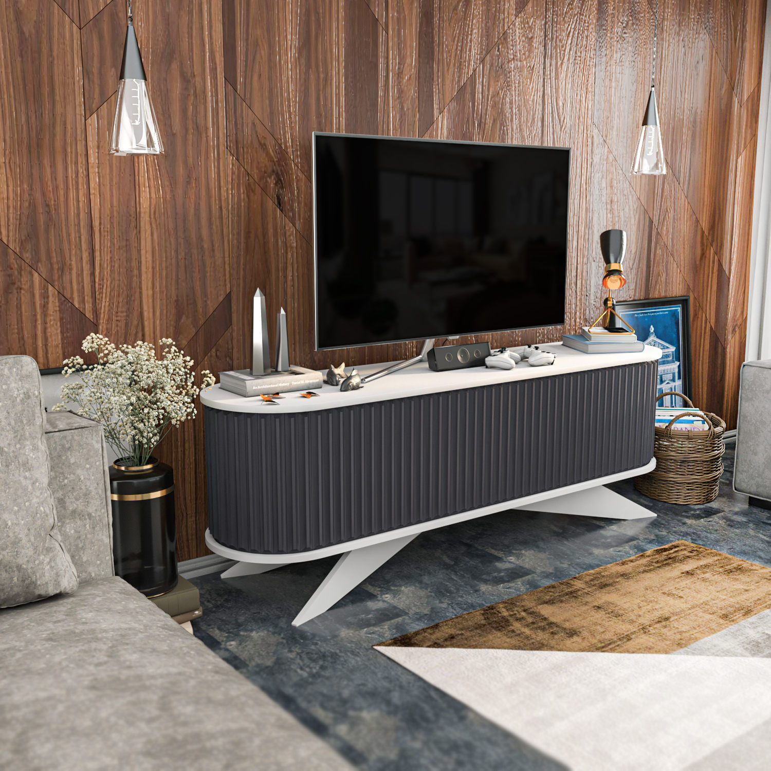 Comoda tv, Hanah Home, pal melaminat, antracit si alb, 180x43x60 cm — imaginea 11