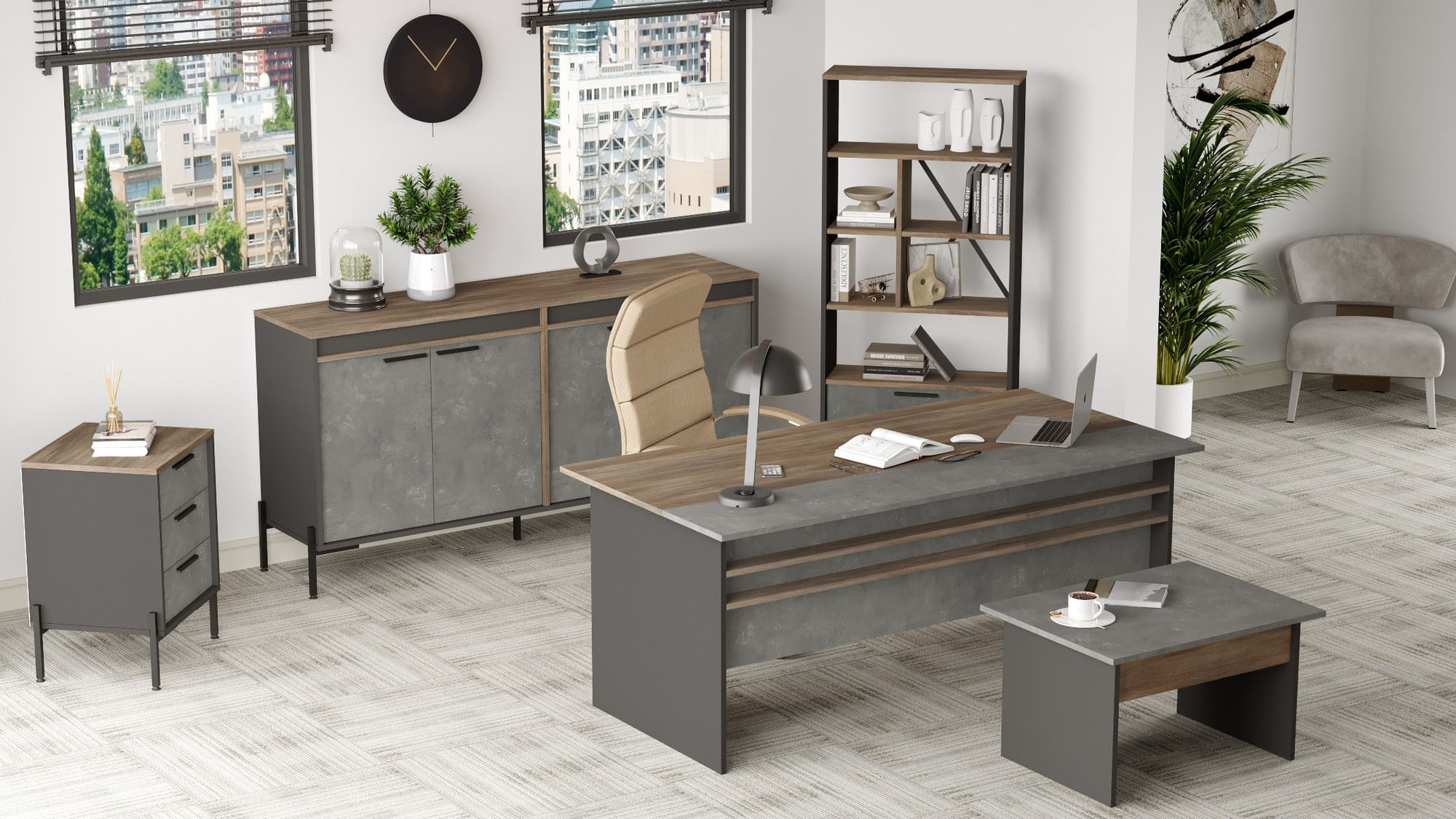 Set mobilier birou, Hanah Home, pal melaminat, argintiu antracit — imaginea 4