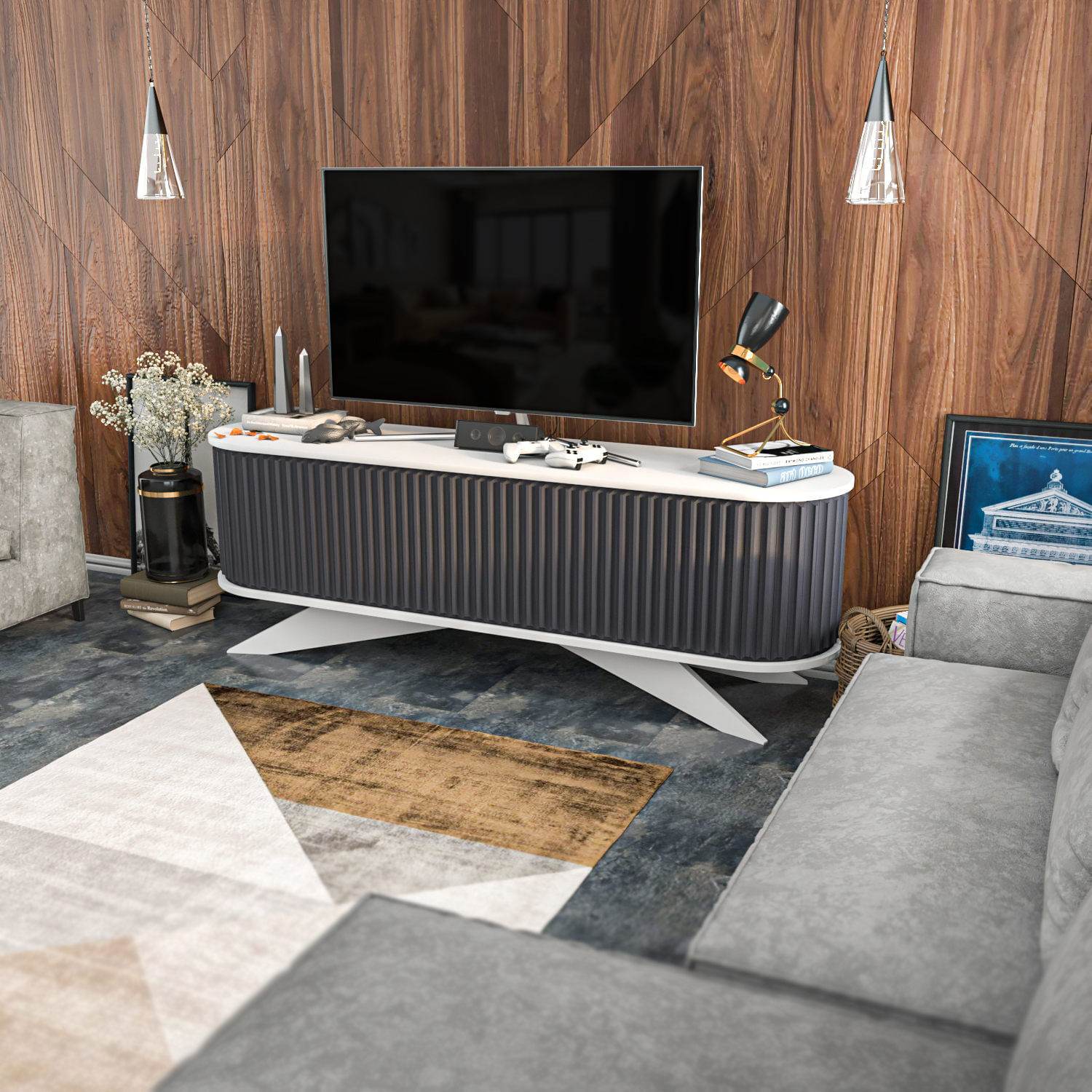 Comoda tv, Hanah Home, pal melaminat, antracit si alb, 180x43x60 cm — imaginea 12