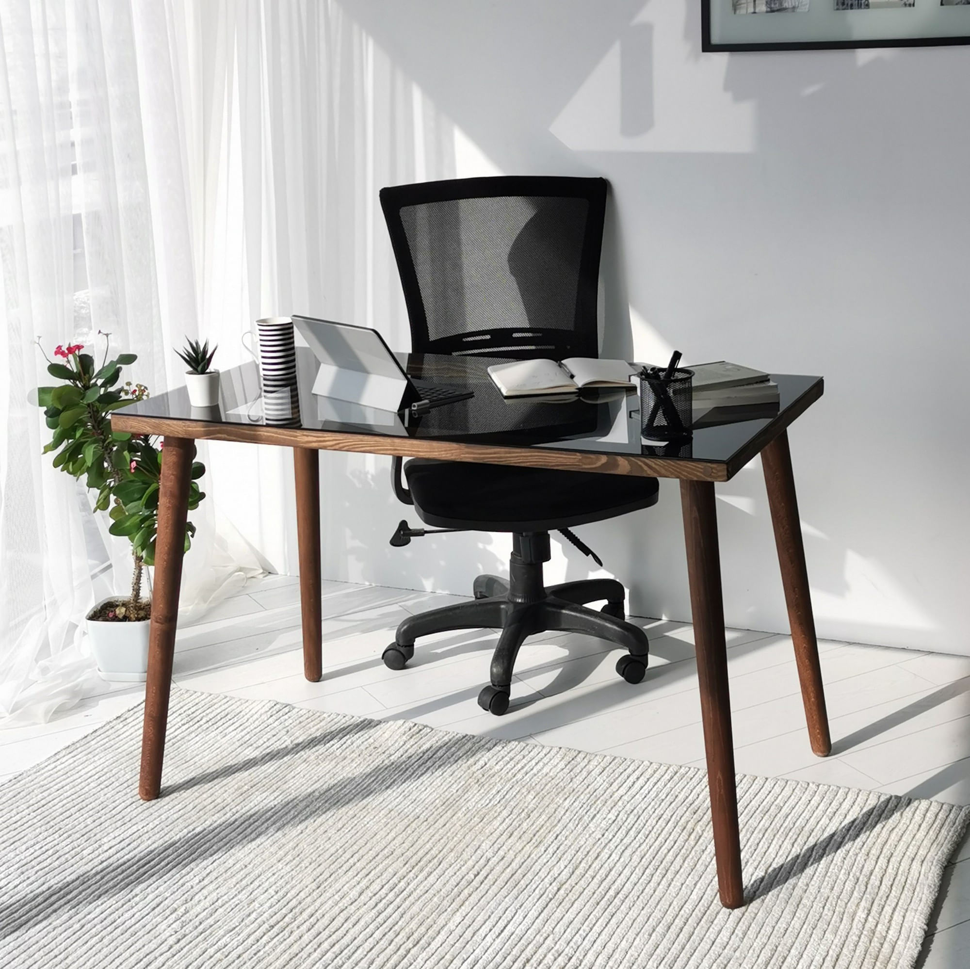 Birou de studiu, Hanah Home, lemn masiv de pin, sticla calita, nuc, 110x60x73 cm — imaginea 2