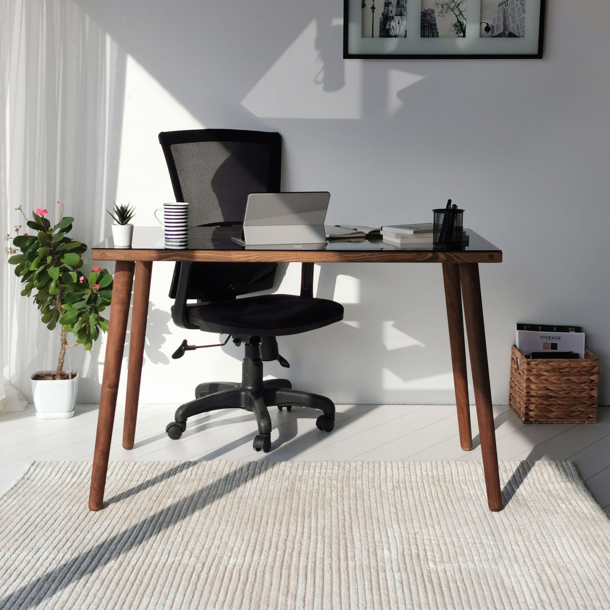 Birou de studiu, Hanah Home, lemn masiv de pin, sticla calita, nuc, 110x60x73 cm — imaginea 3