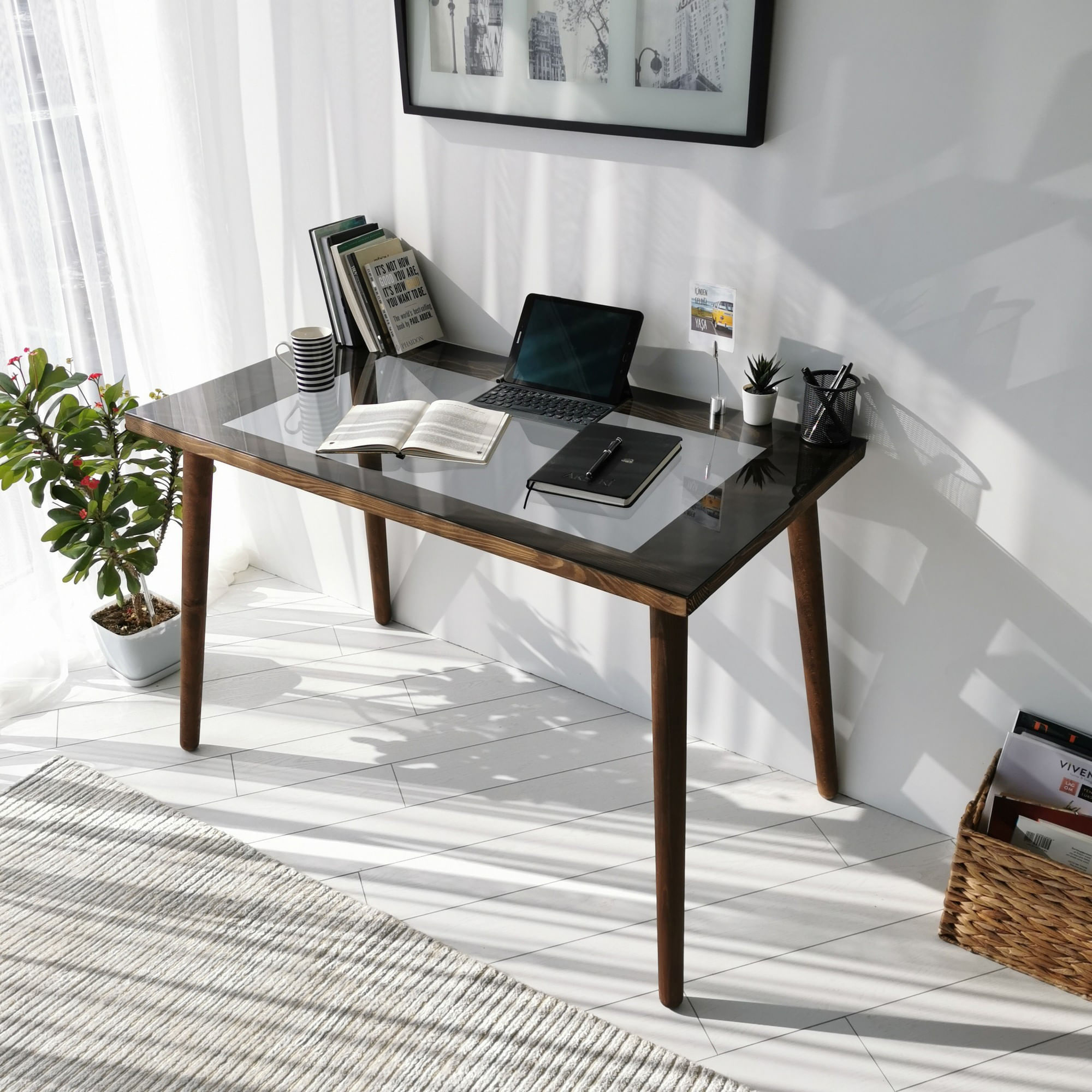 Birou de studiu, Hanah Home, lemn masiv de pin, sticla calita, nuc, 110x60x73 cm — imaginea 4