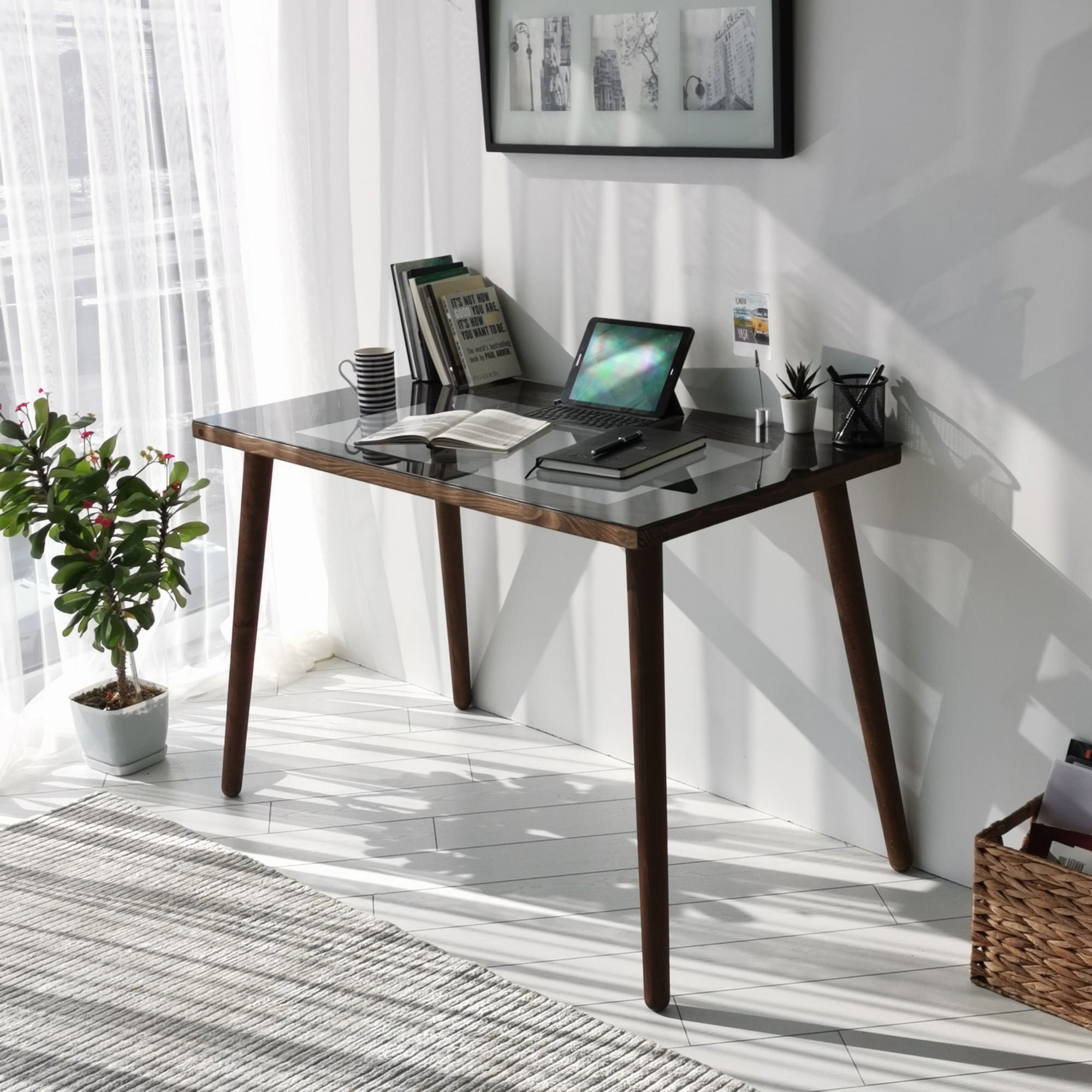 Birou de studiu, Hanah Home, lemn masiv de pin, sticla calita, nuc, 110x60x73 cm — imaginea 5