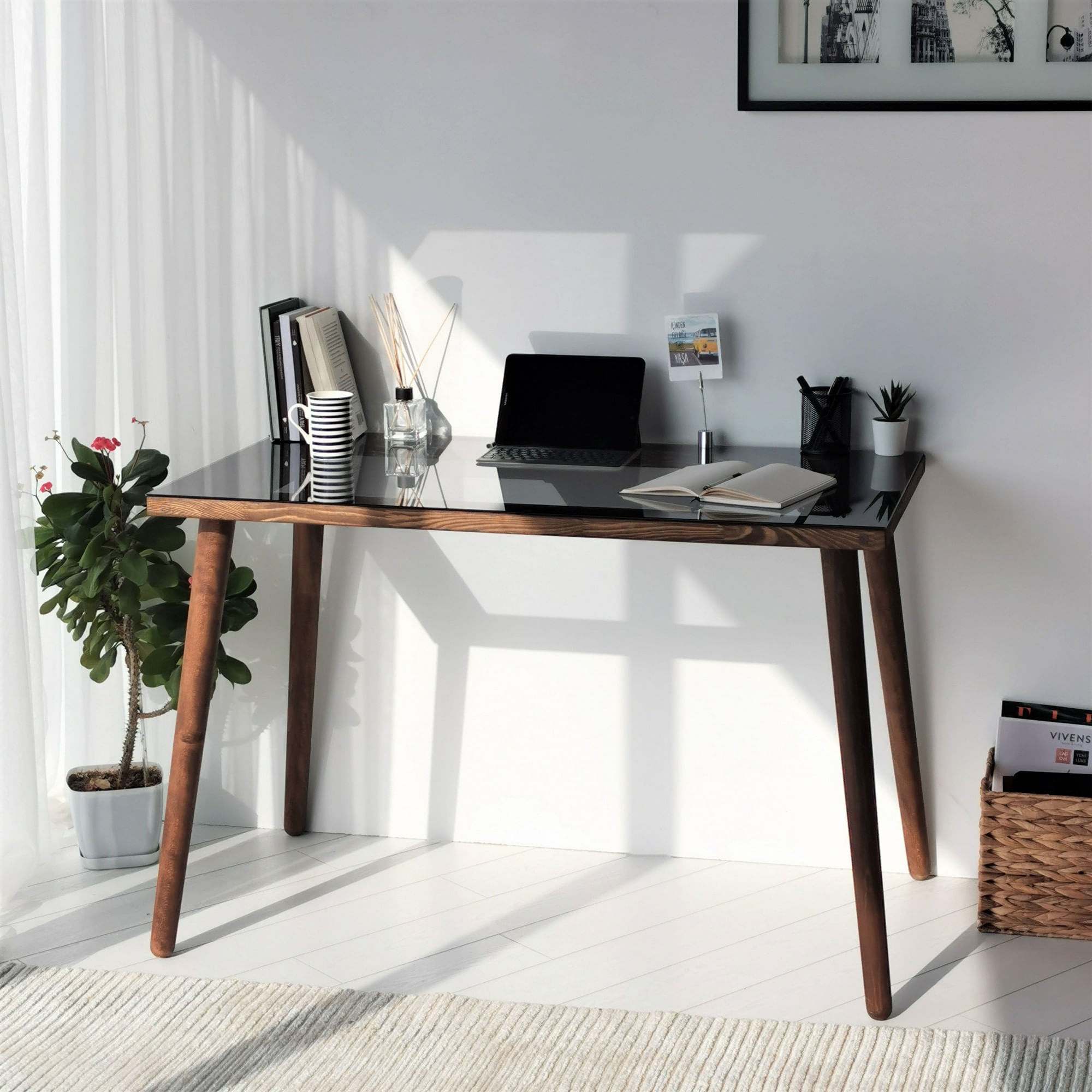 Birou de studiu, Hanah Home, lemn masiv de pin, sticla calita, nuc, 110x60x73 cm — imaginea 6