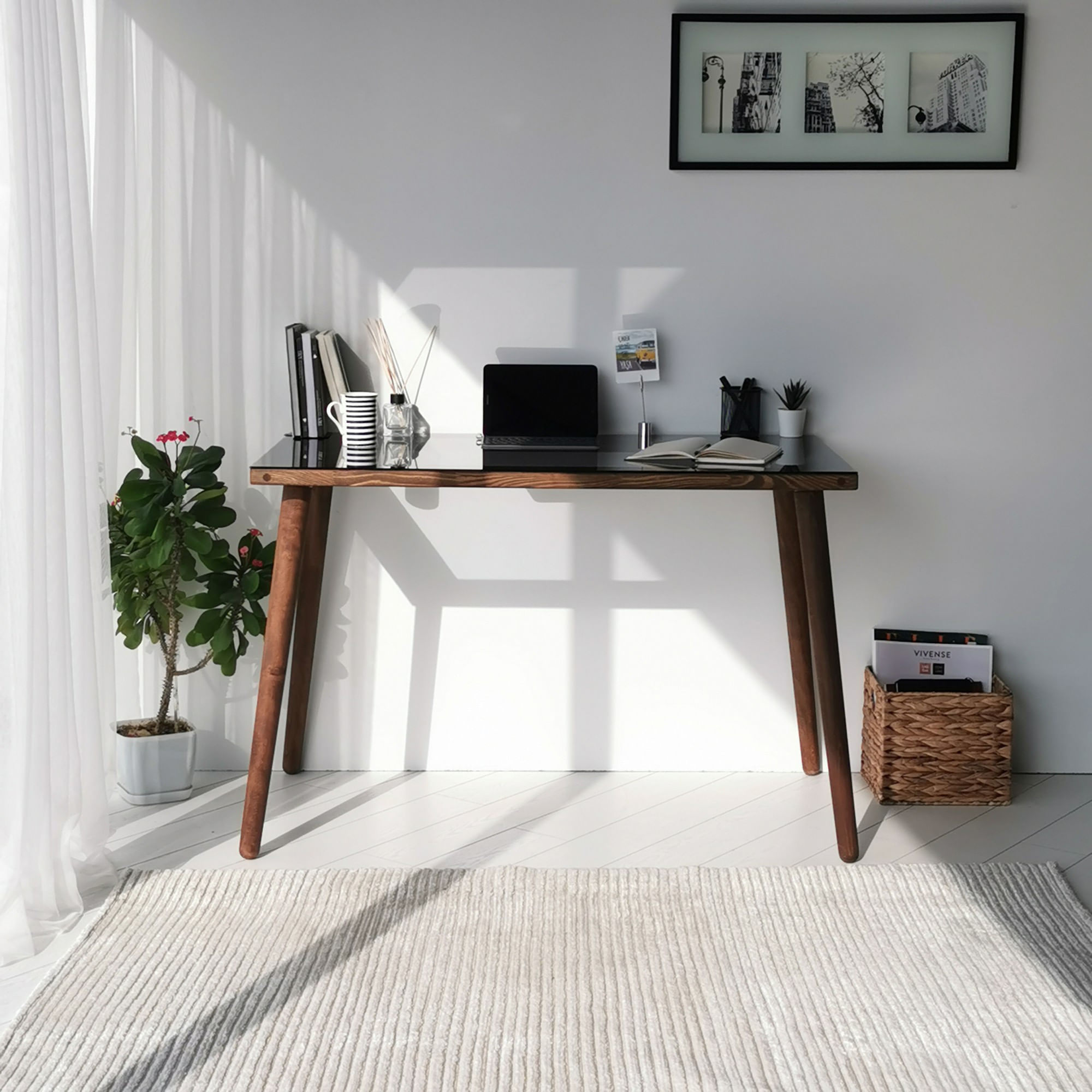 Birou de studiu, Hanah Home, lemn masiv de pin, sticla calita, nuc, 110x60x73 cm — imaginea 7