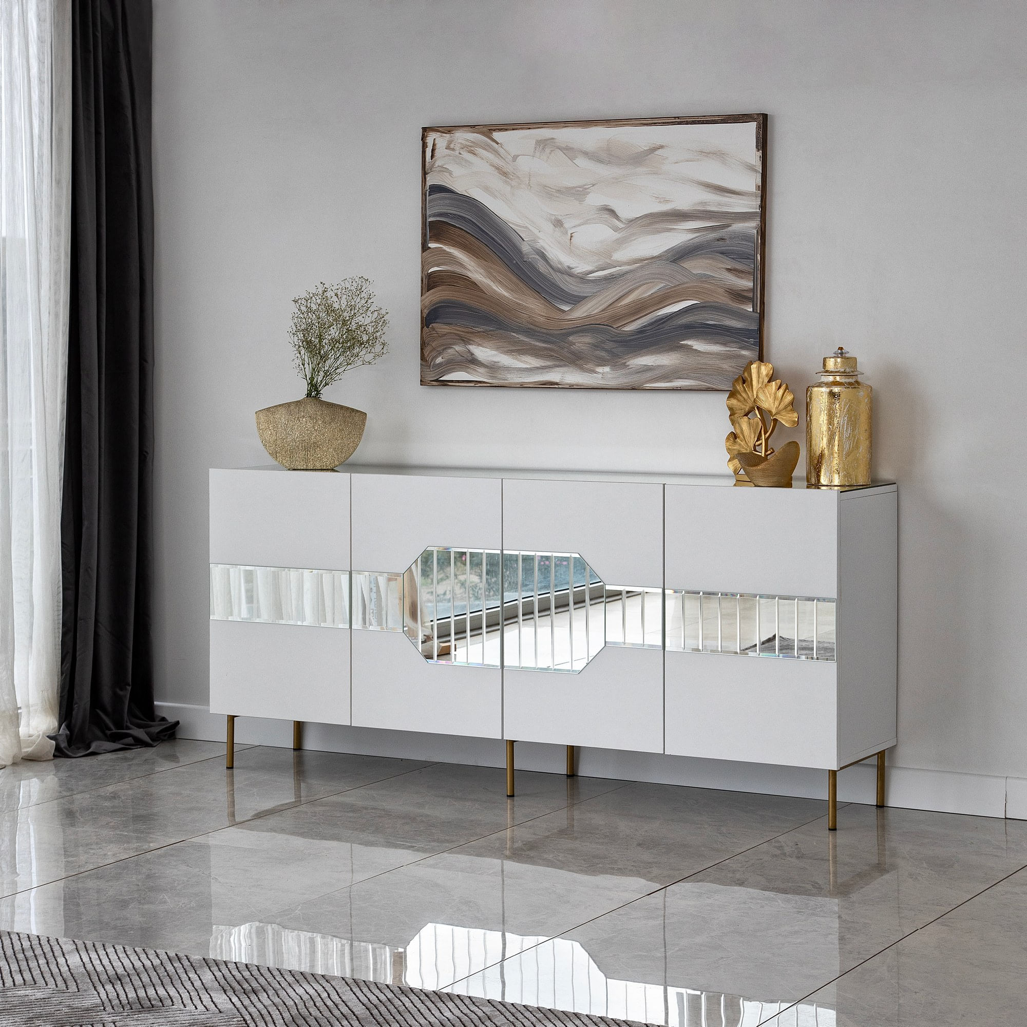 Consola, Hanah Home, pal melaminat, alb auriu, 180x40x80 cm, 552NOS1804 — imaginea 3