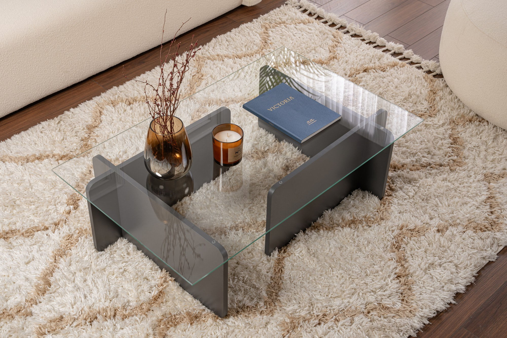 Masuta de cafea, Hanah Home, sticla temperata, antracit, 105x65x30 cm — imaginea 3