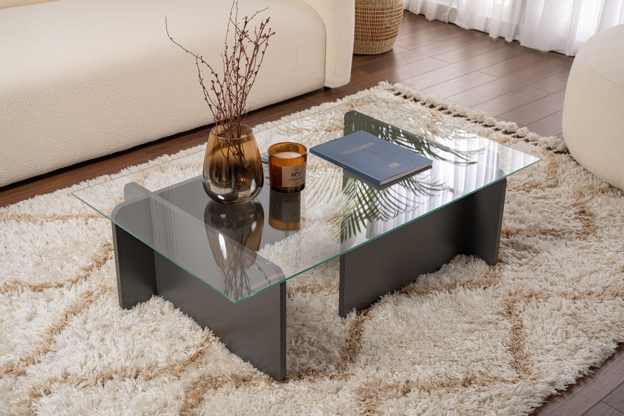Masuta de cafea, Hanah Home, sticla temperata, antracit, 105x65x30 cm — imaginea 8