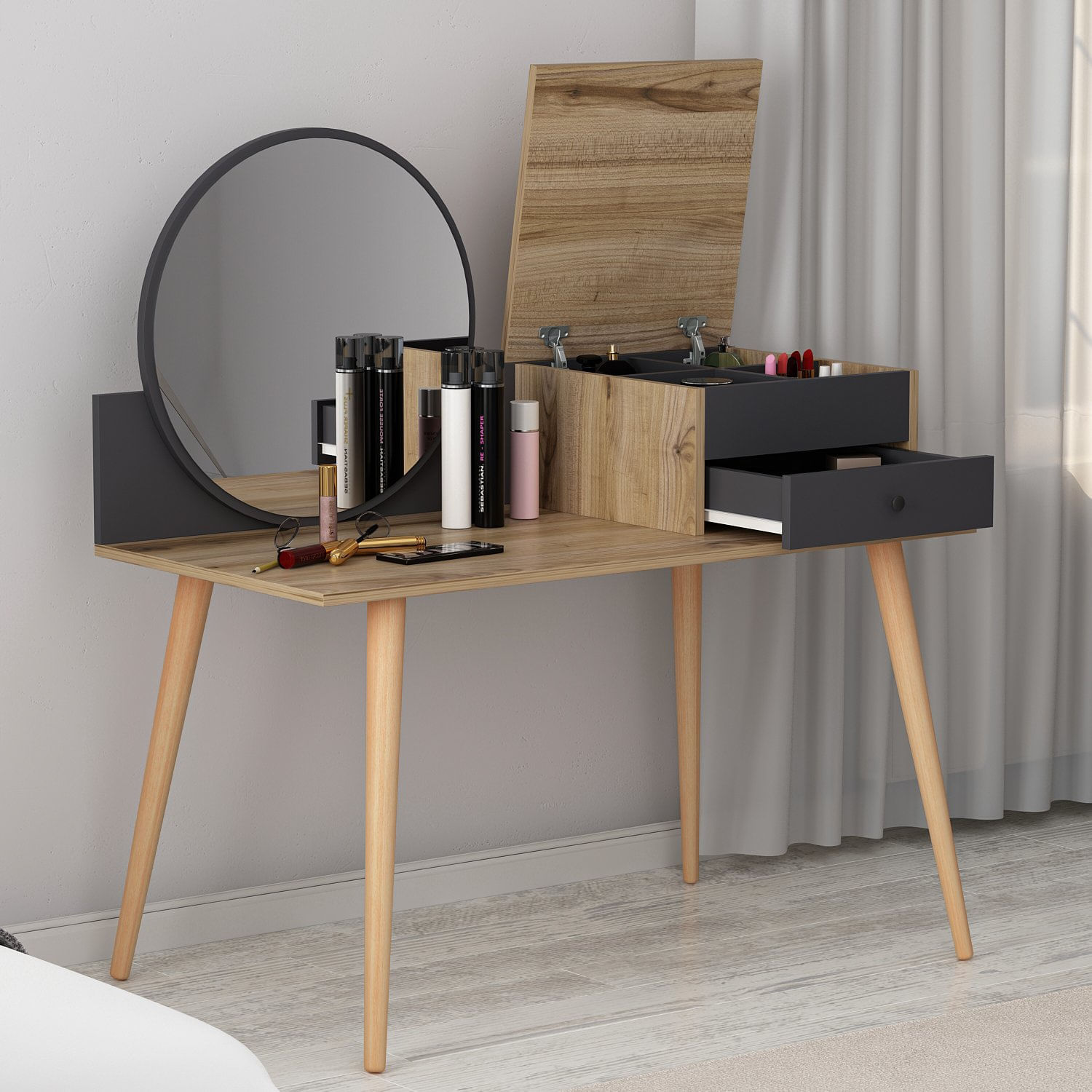 Masa de machiaj, Hanah Home, pal melaminat, antracit si nuc, 120x60x96 cm — imaginea 6