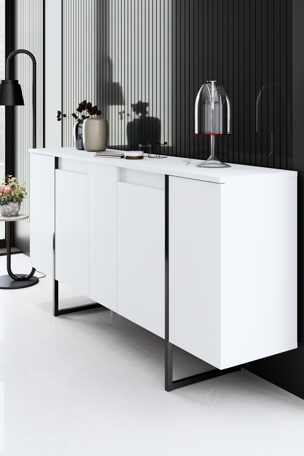 Consola, Hanah Home, panou aglomerat melaminat, alb negru, 160x35x80 cm — imaginea 5