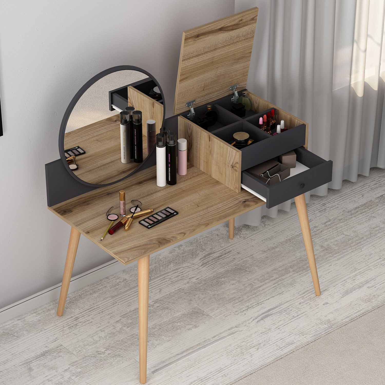 Masa de machiaj, Hanah Home, pal melaminat, antracit si nuc, 120x60x96 cm — imaginea 8