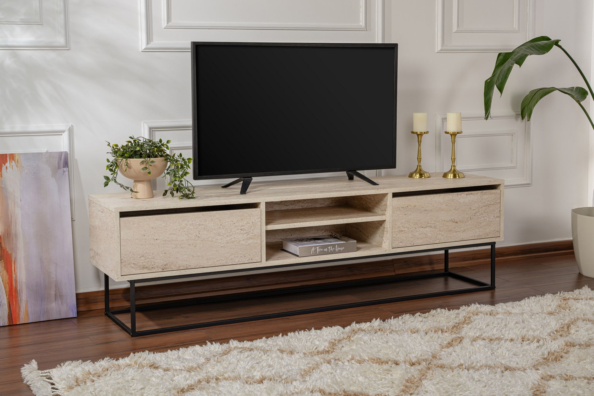Comoda tv, Hanah Home, pal melaminat, negru travertin, 180x40x50 cm — imaginea 7
