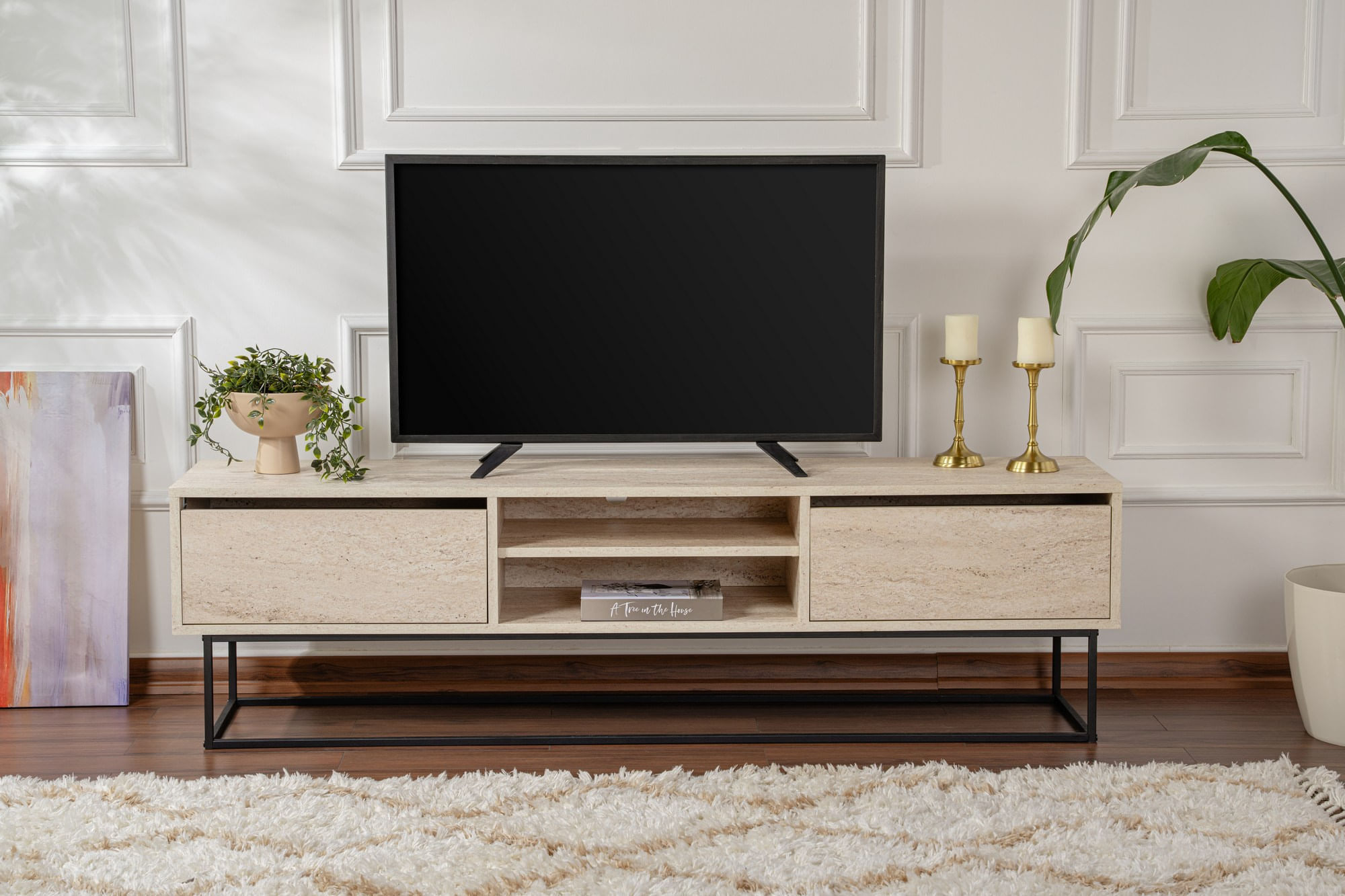 Comoda tv, Hanah Home, pal melaminat, negru travertin, 180x40x50 cm — imaginea 8