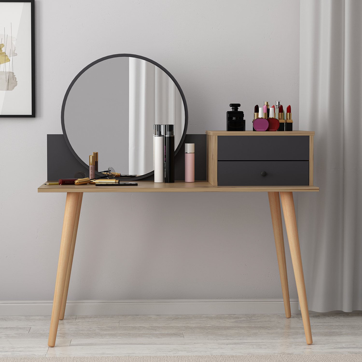 Masa de machiaj, Hanah Home, pal melaminat, antracit si nuc, 120x60x96 cm — imaginea 9