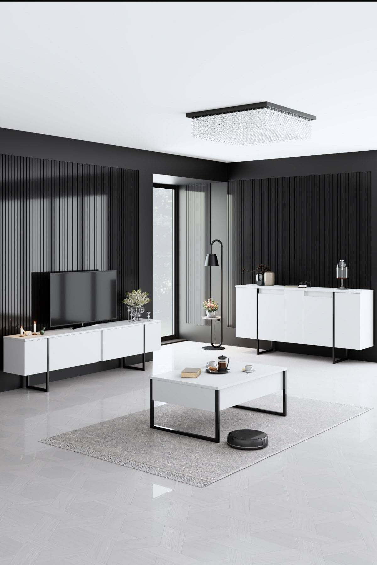 Consola, Hanah Home, panou aglomerat melaminat, alb negru, 160x35x80 cm — imaginea 9