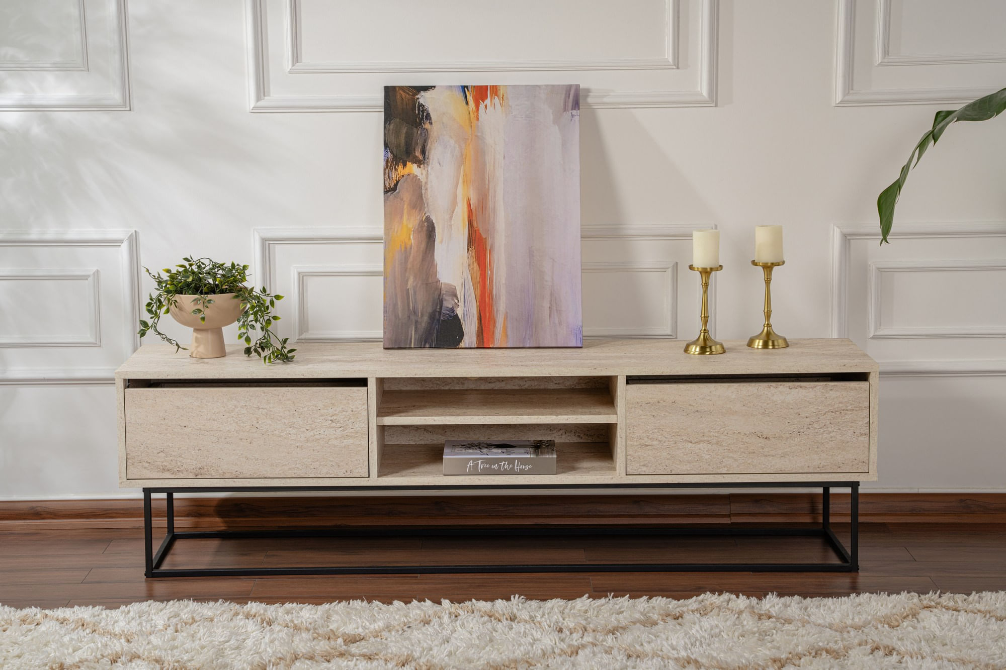 Comoda tv, Hanah Home, pal melaminat, negru travertin, 180x40x50 cm — imaginea 9