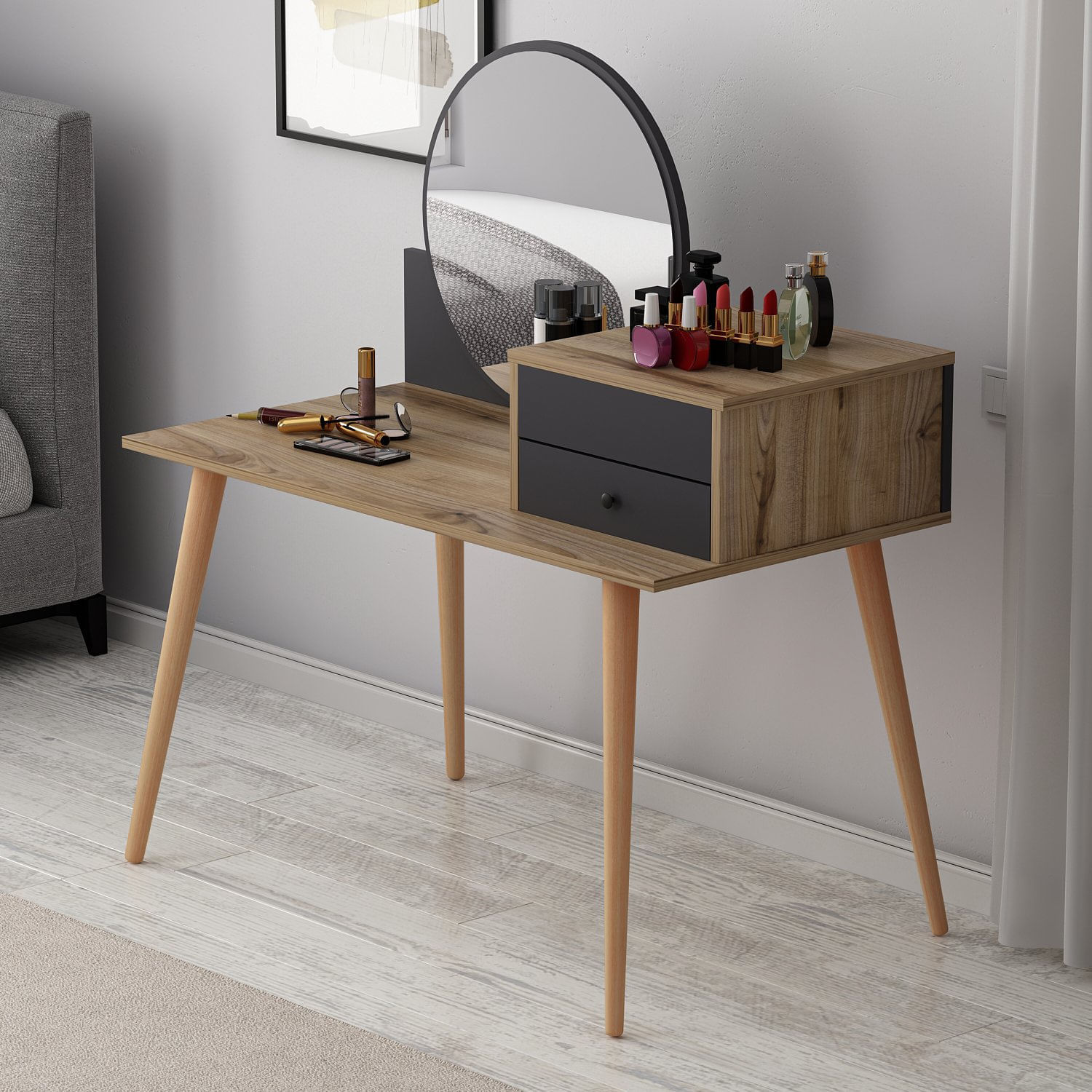 Masa de machiaj, Hanah Home, pal melaminat, antracit si nuc, 120x60x96 cm — imaginea 10
