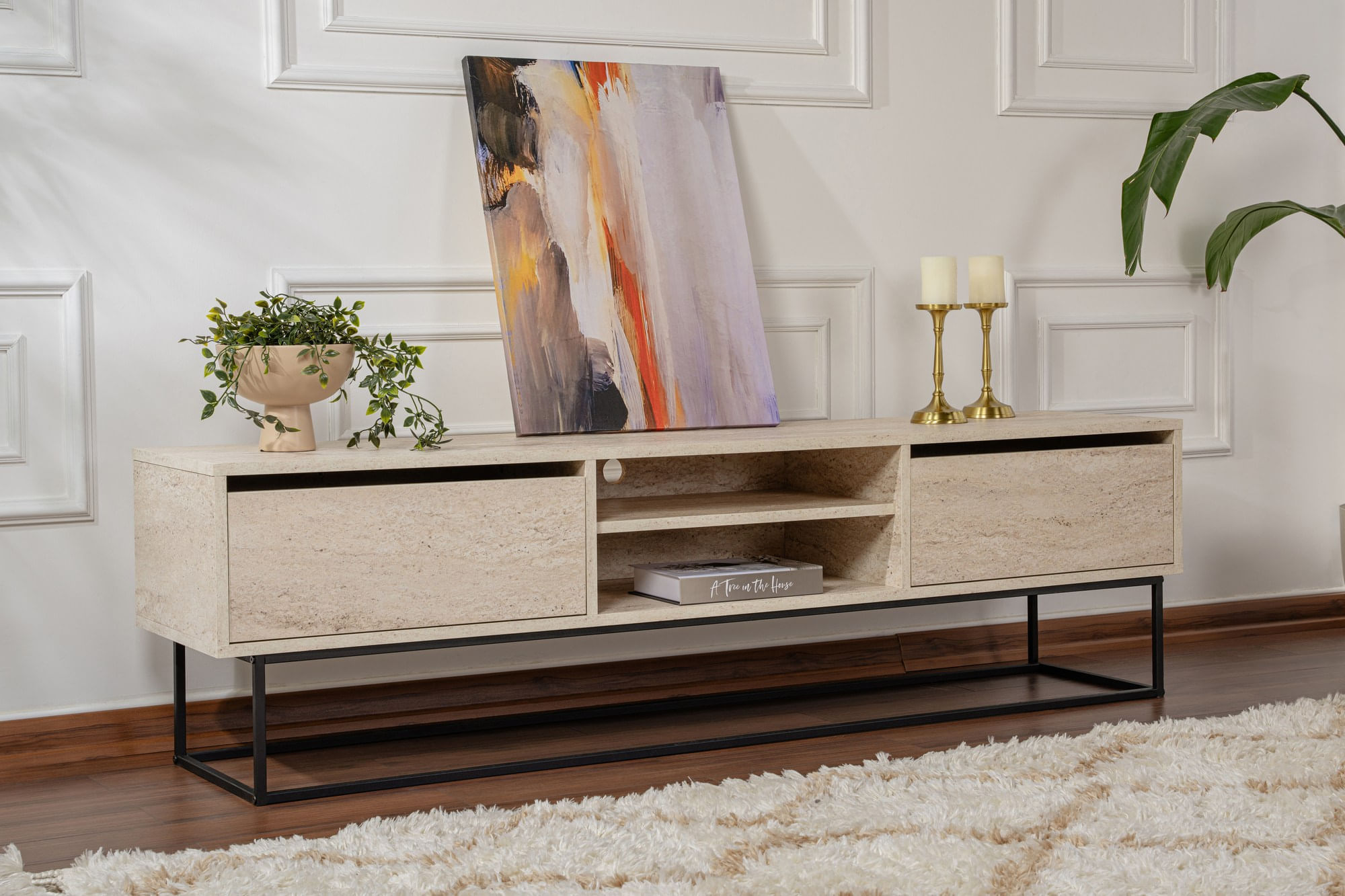 Comoda tv, Hanah Home, pal melaminat, negru travertin, 180x40x50 cm — imaginea 10
