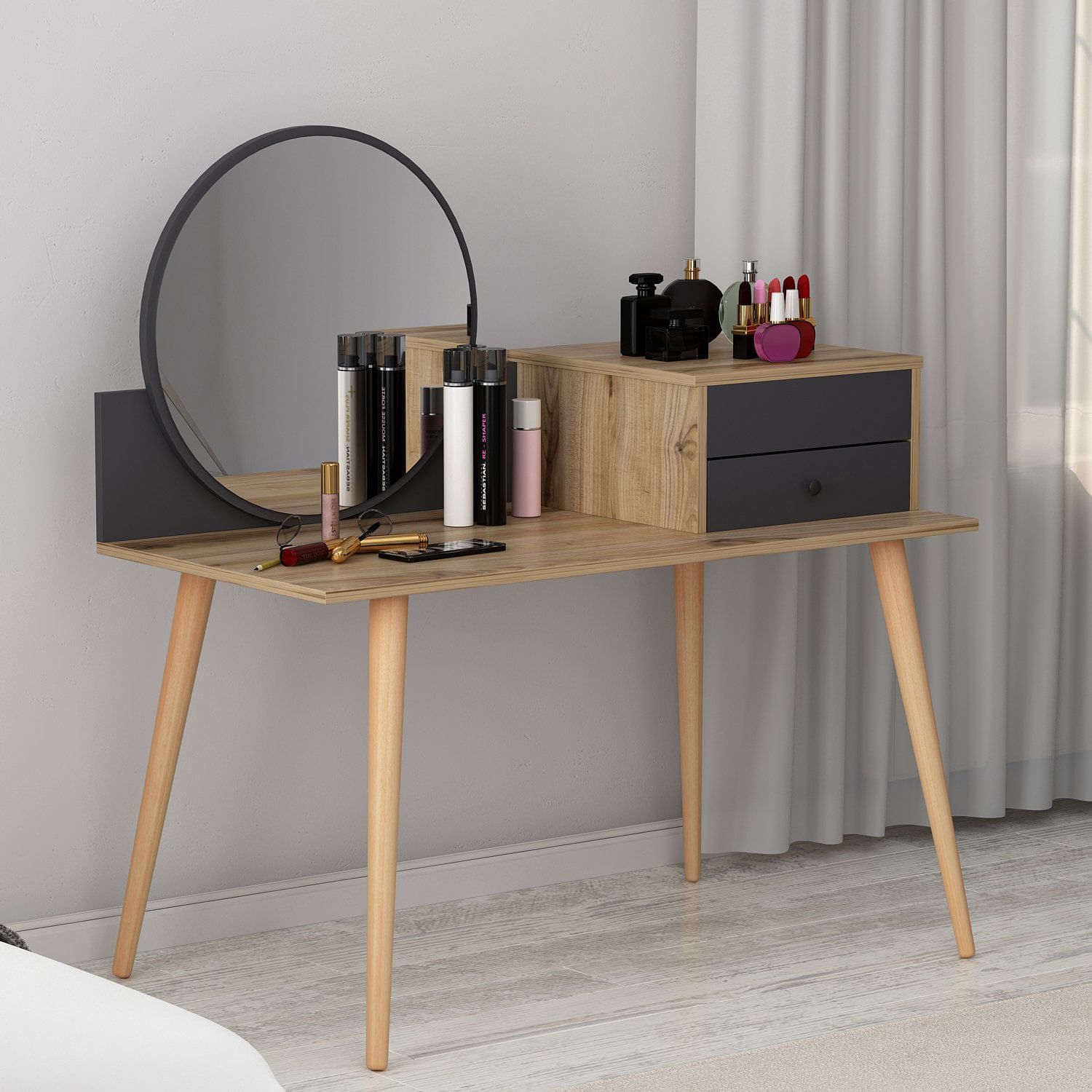 Masa de machiaj, Hanah Home, pal melaminat, antracit si nuc, 120x60x96 cm — imaginea 11