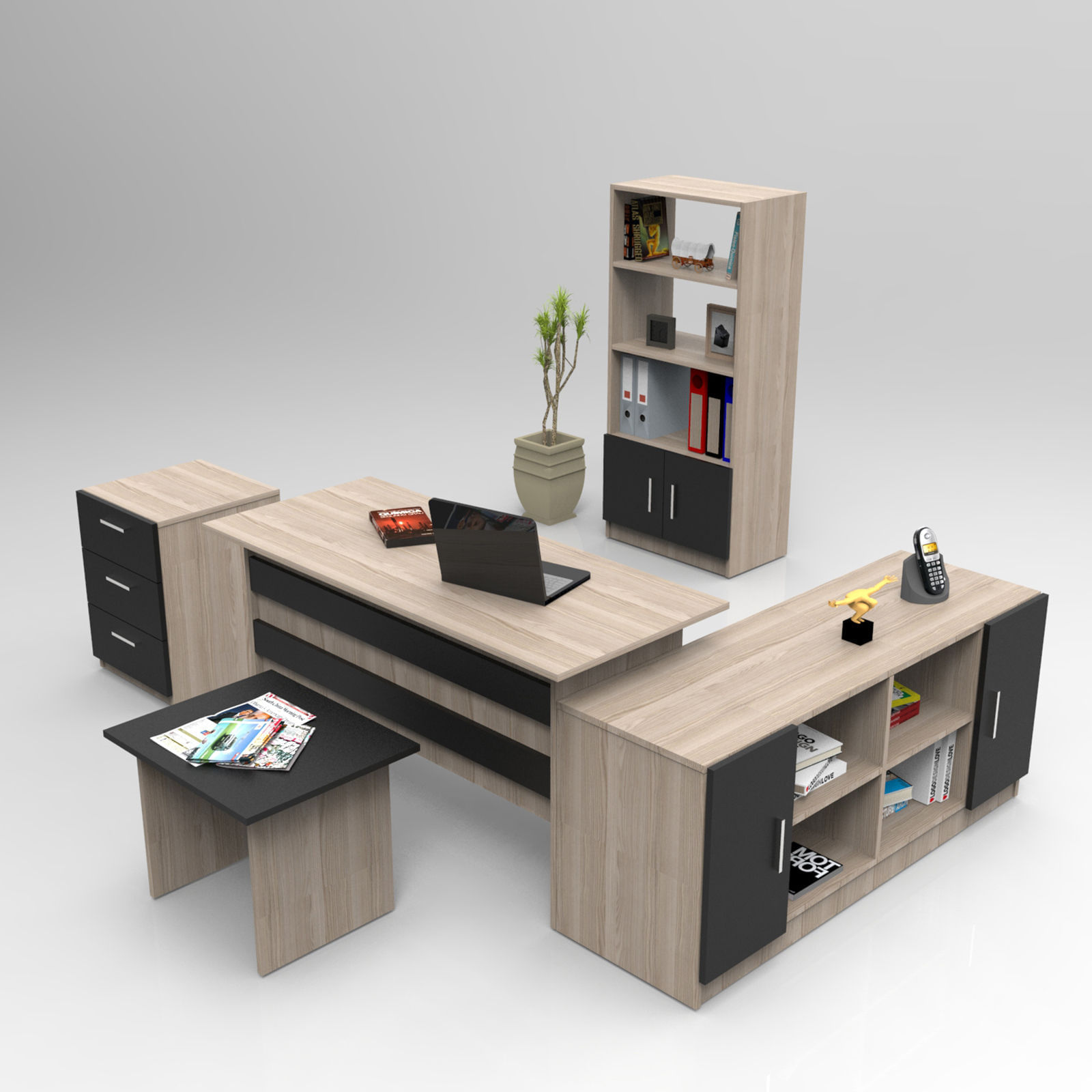 Set mobilier birou, Hanah Home, PAL melaminat, stejar negru, 5 piese