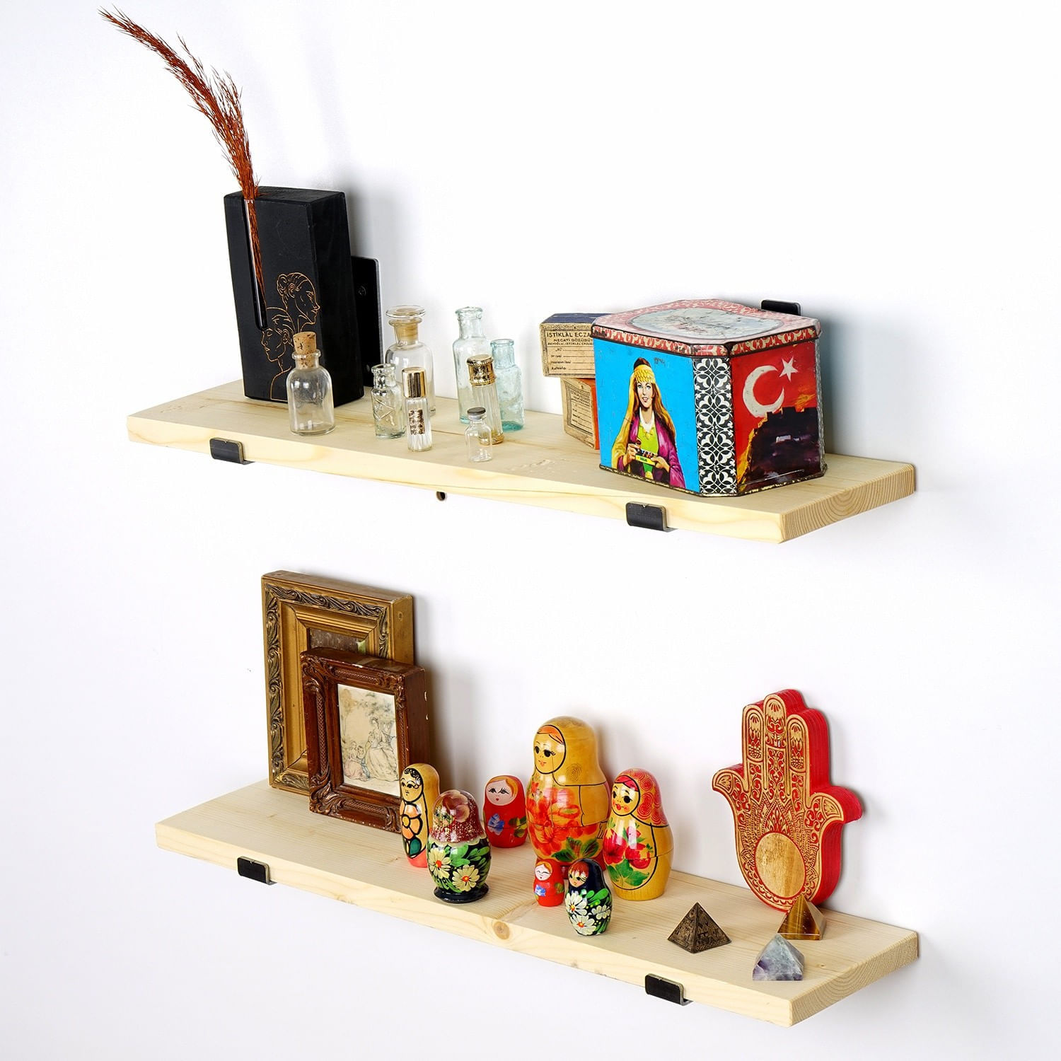 Raft de perete, Hanah Home, lemn de molid, negru si stejar, 60x16x14 cm — imaginea 3