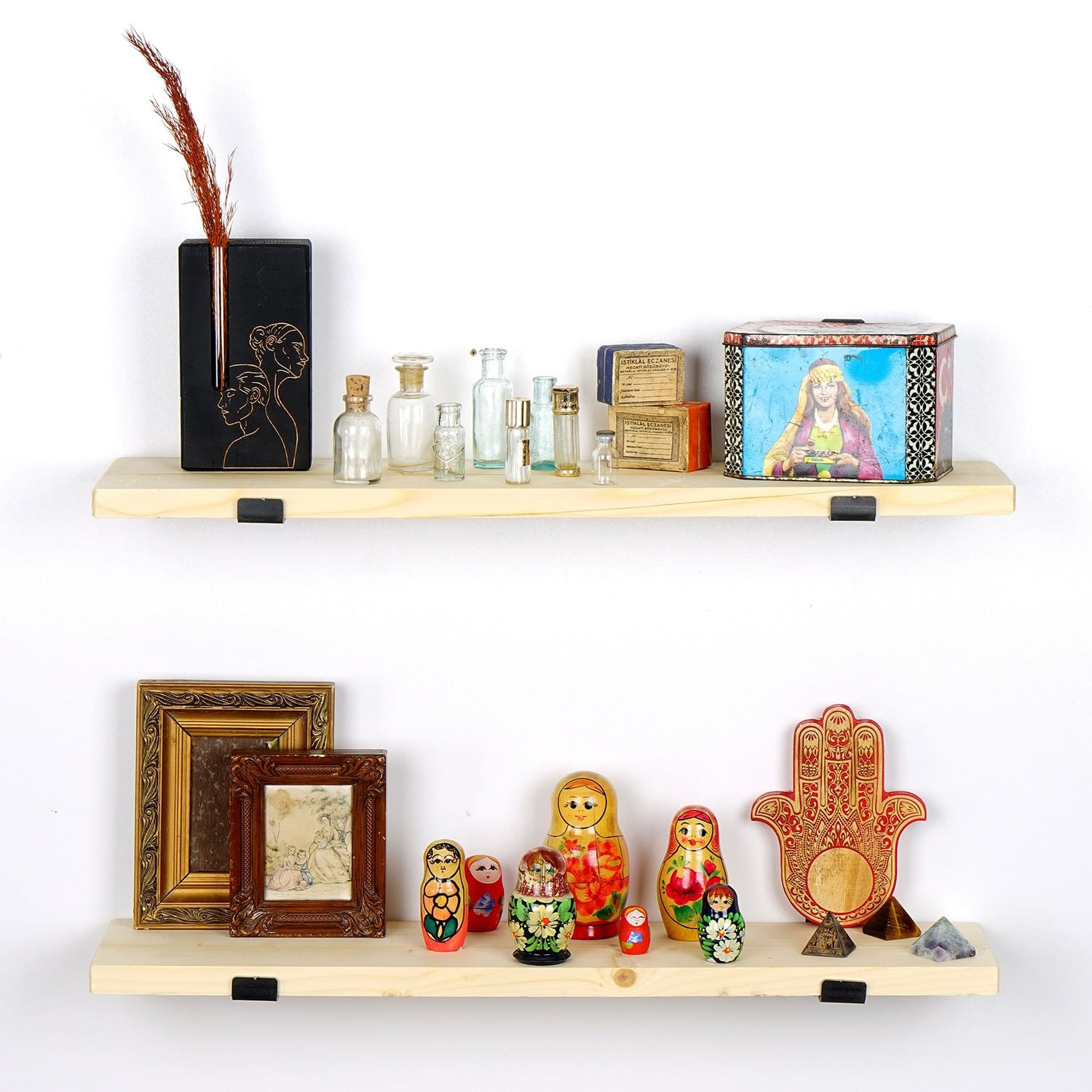 Raft de perete, Hanah Home, lemn de molid, negru si stejar, 60x16x14 cm — imaginea 4