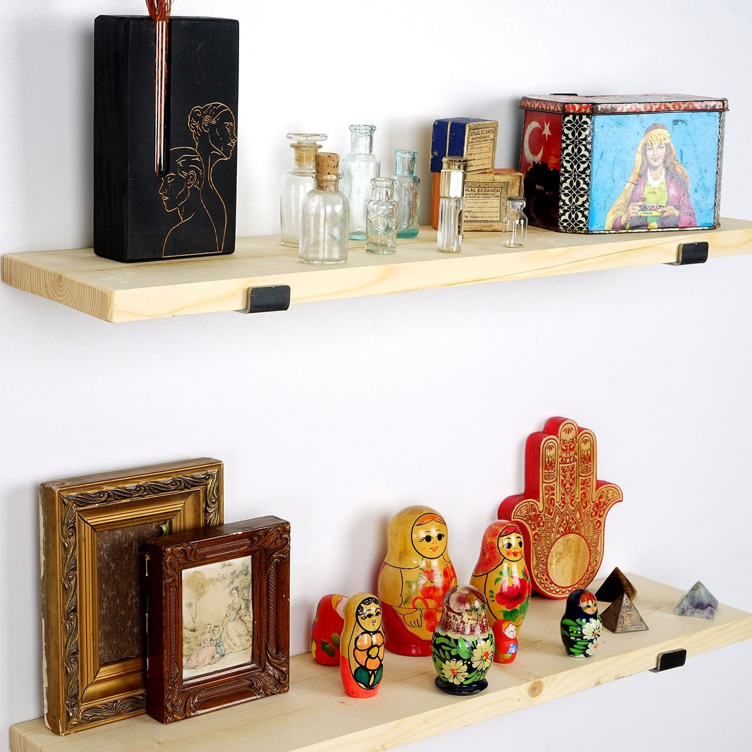 Raft de perete, Hanah Home, lemn de molid, negru si stejar, 60x16x14 cm — imaginea 5