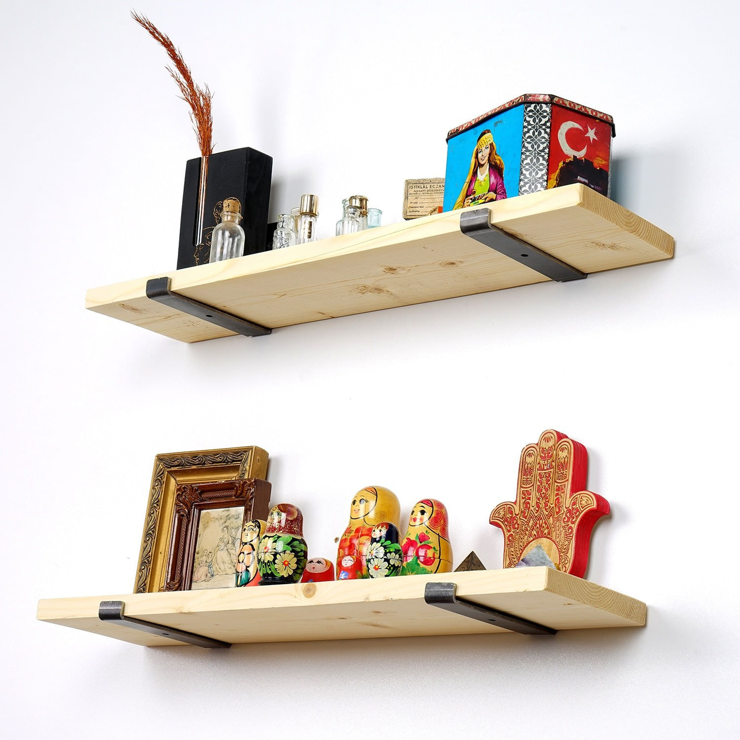 Raft de perete, Hanah Home, lemn de molid, negru si stejar, 60x16x14 cm — imaginea 10