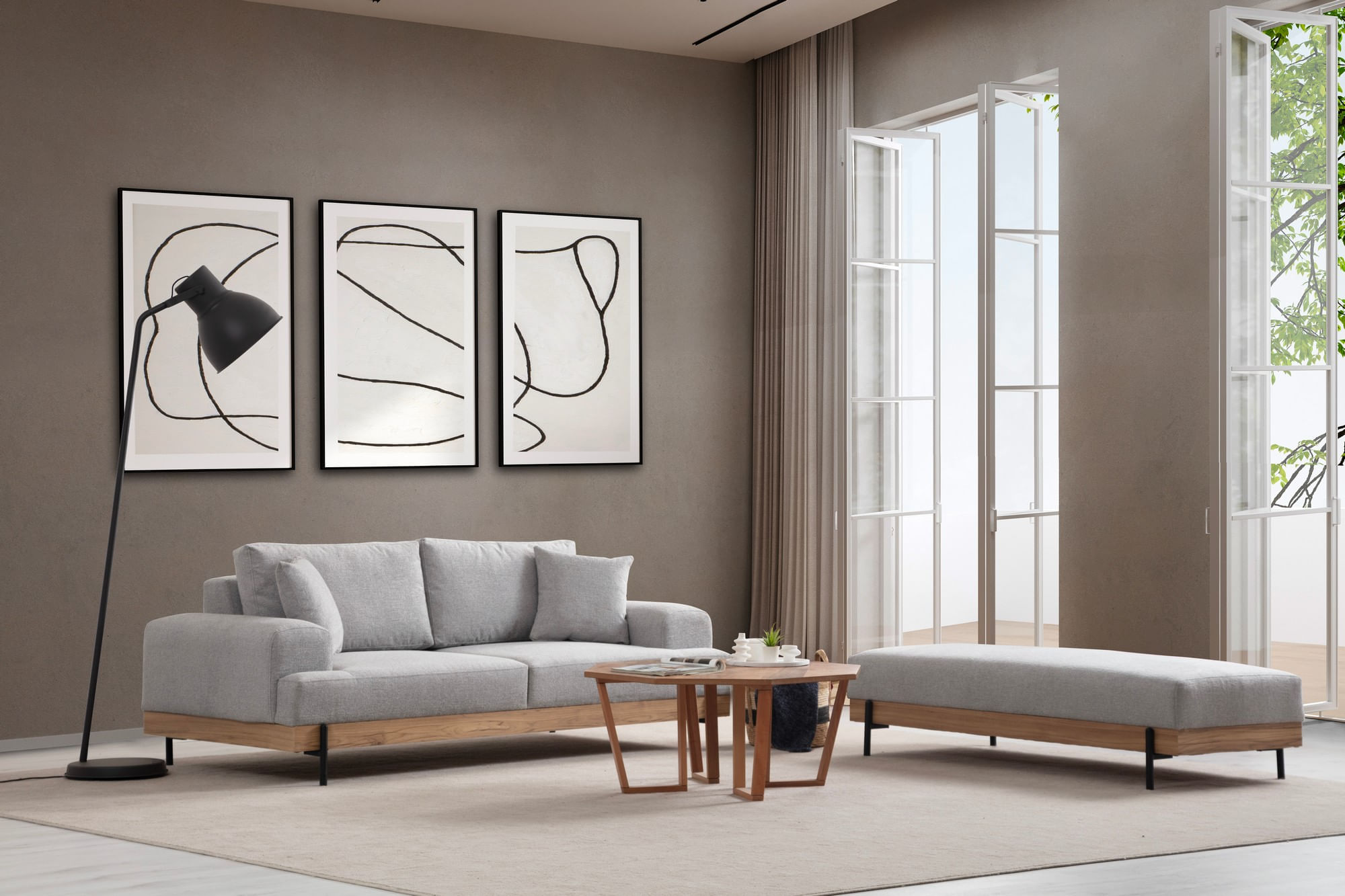 Canapea 3 locuri, Hanah Home, lemn fag si pal, gri, 220x98x78 cm, 560ARE2121 — imaginea 4