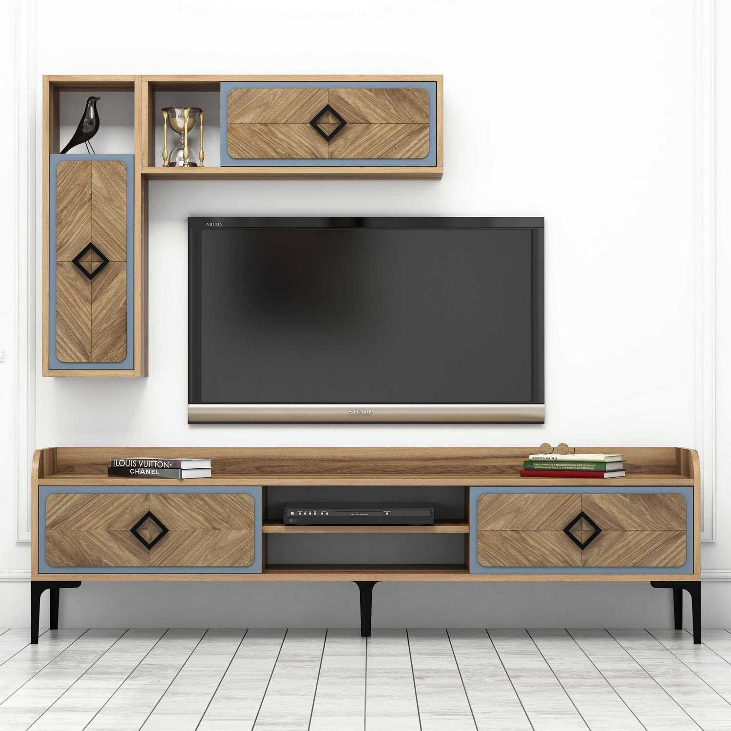 Comoda tv, Hanah Home, pal melaminat, nuc si albastru, 180x52x35 cm — imaginea 3
