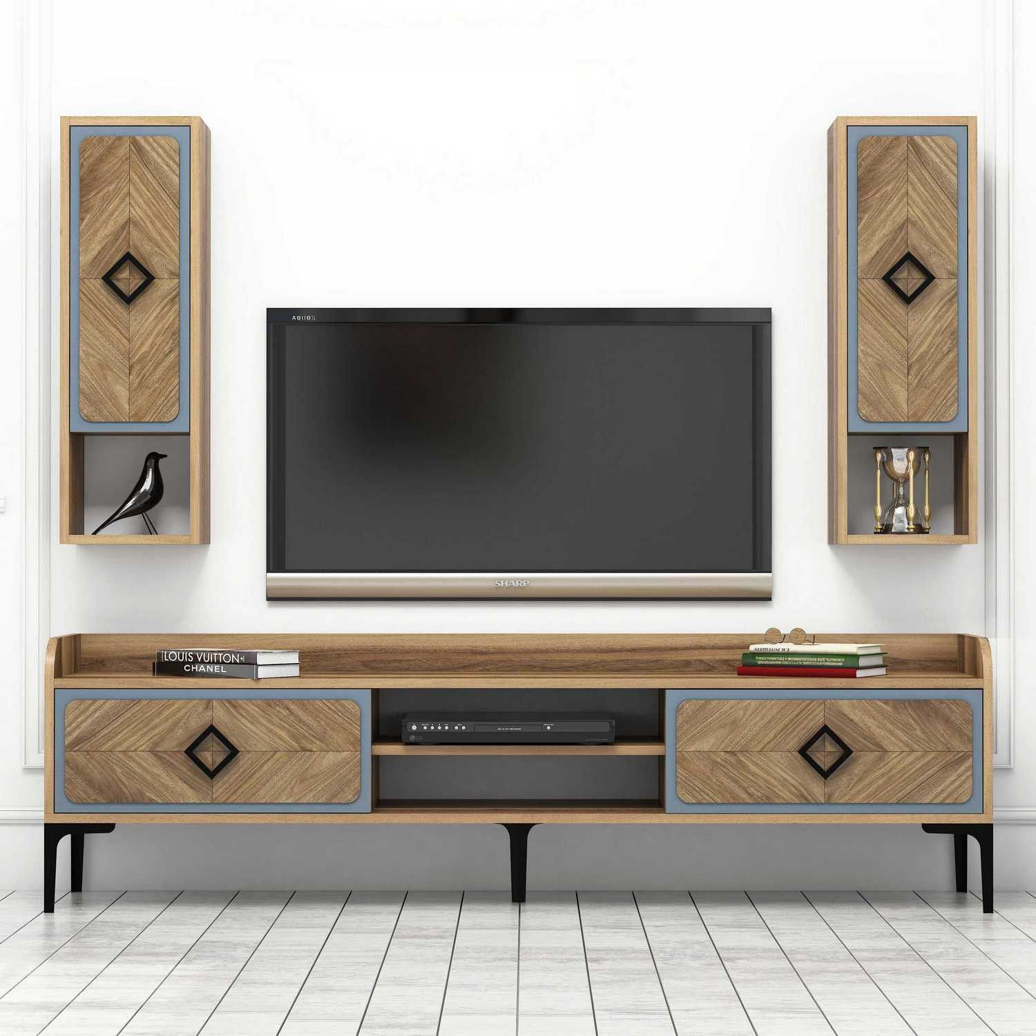 Comoda tv, Hanah Home, pal melaminat, nuc si albastru, 180x52x35 cm — imaginea 4