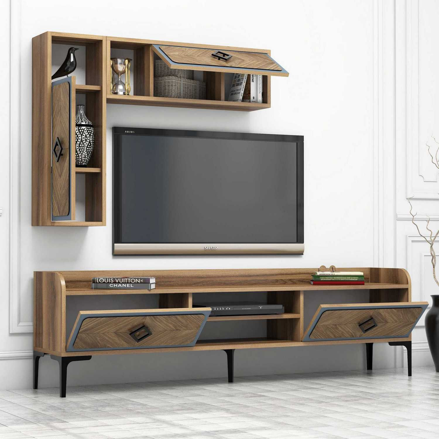 Comoda tv, Hanah Home, pal melaminat, nuc si albastru, 180x52x35 cm — imaginea 5