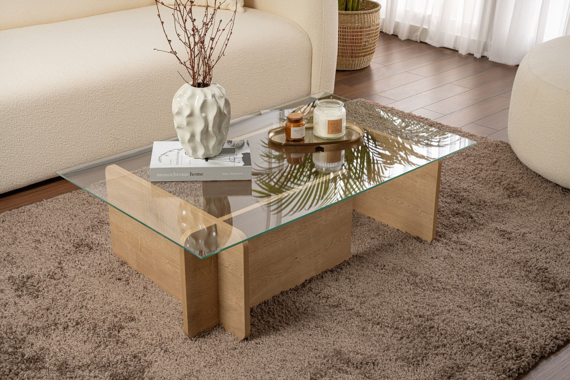 Masuta de cafea, Hanah Home, sticla securizata si pal melaminat, stejar, 105x65x30 cm — imaginea 7