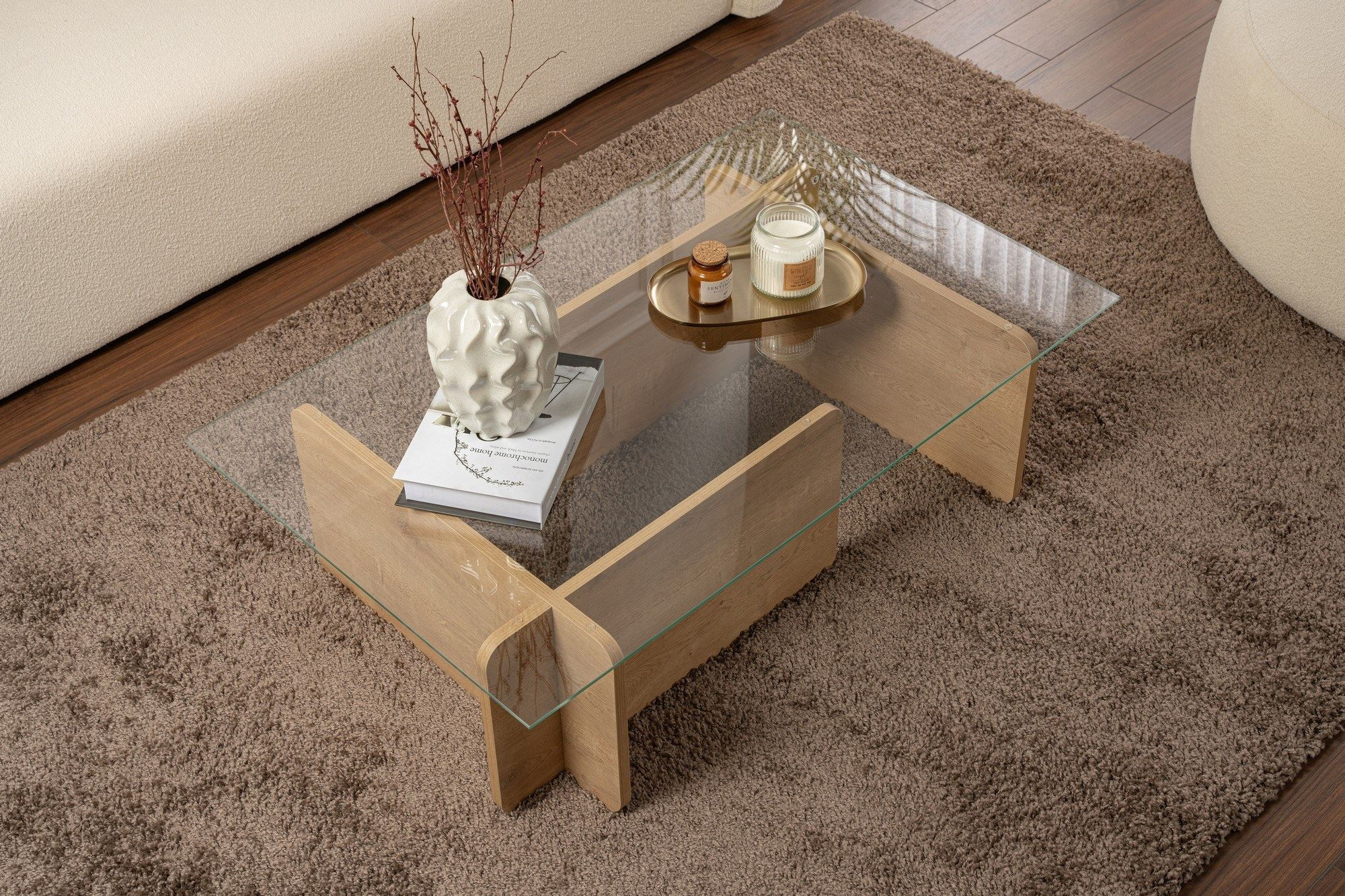 Masuta de cafea, Hanah Home, sticla securizata si pal melaminat, stejar, 105x65x30 cm — imaginea 8